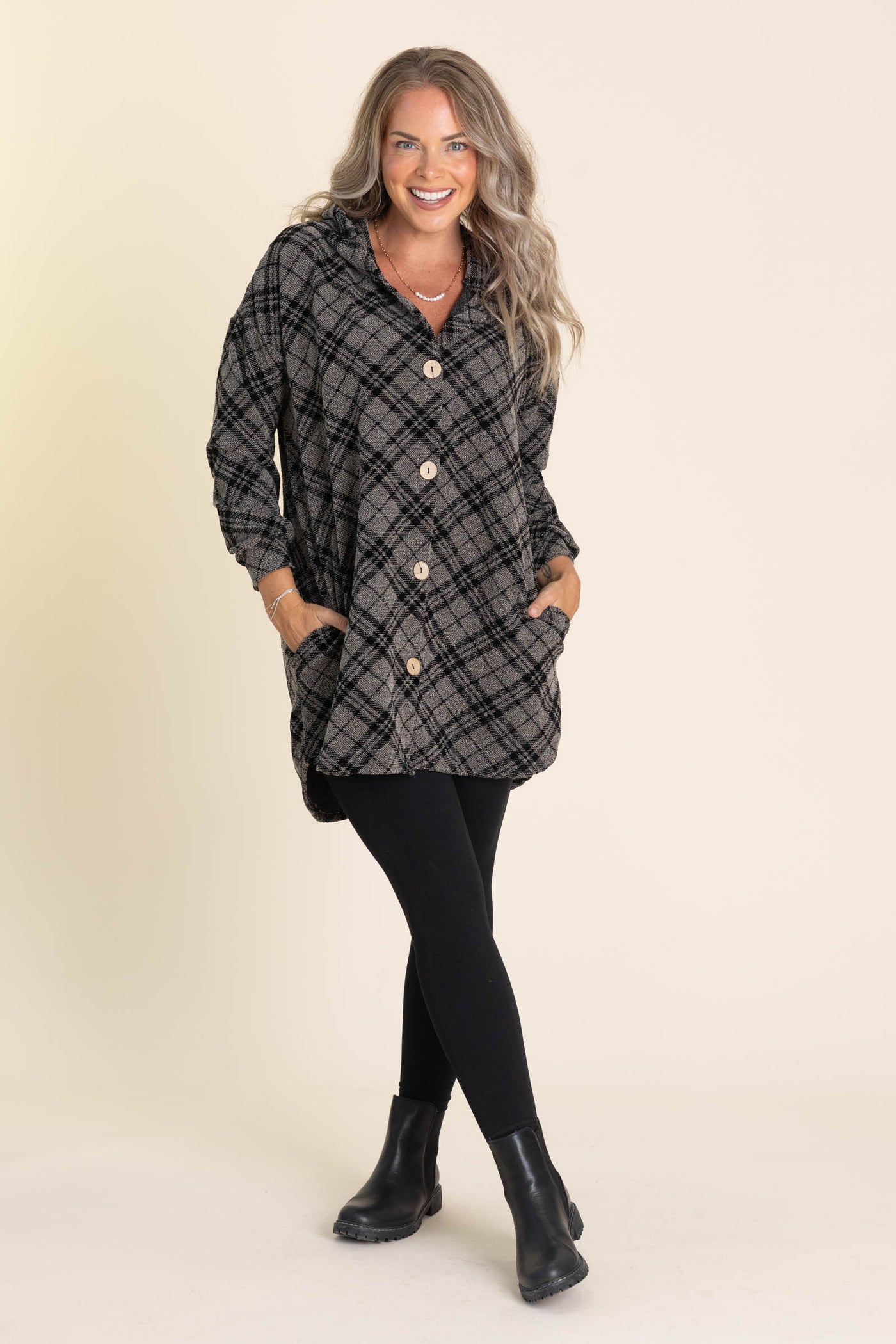 Charcoal And Black Plaid Lightweight Shacket