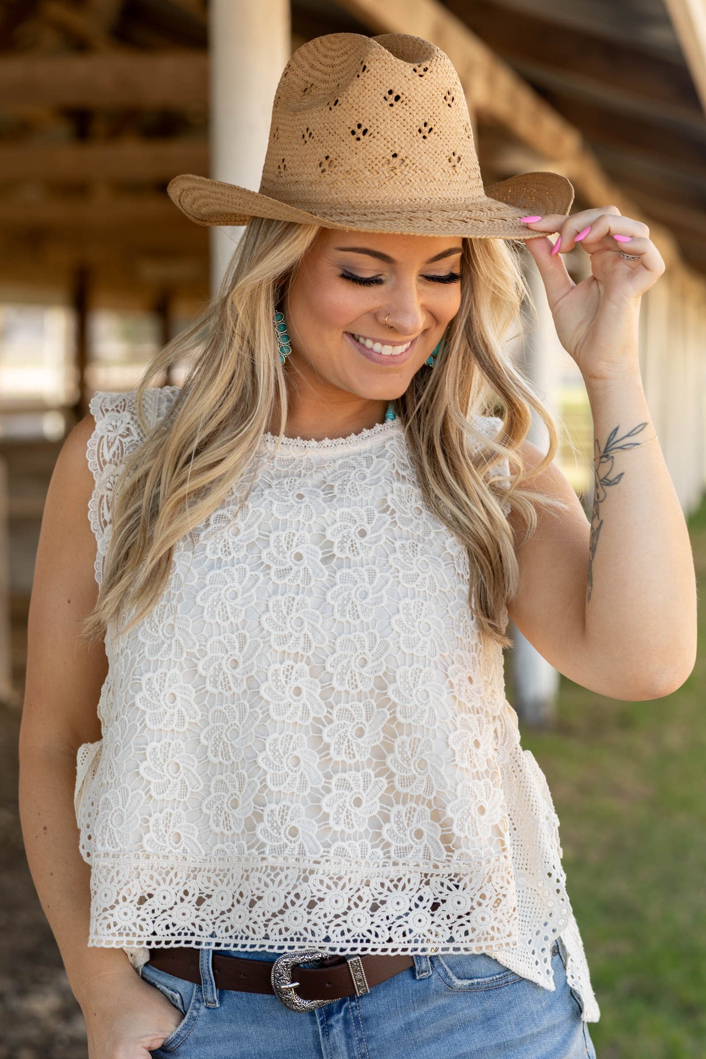 Cream Relaxed Fit Floral Lace Sleeveless Top