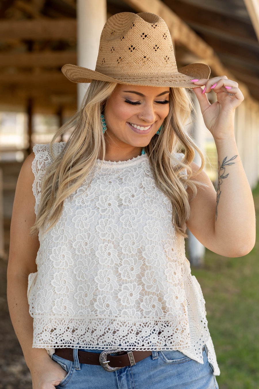 Cream Relaxed Fit Floral Lace Sleeveless Top