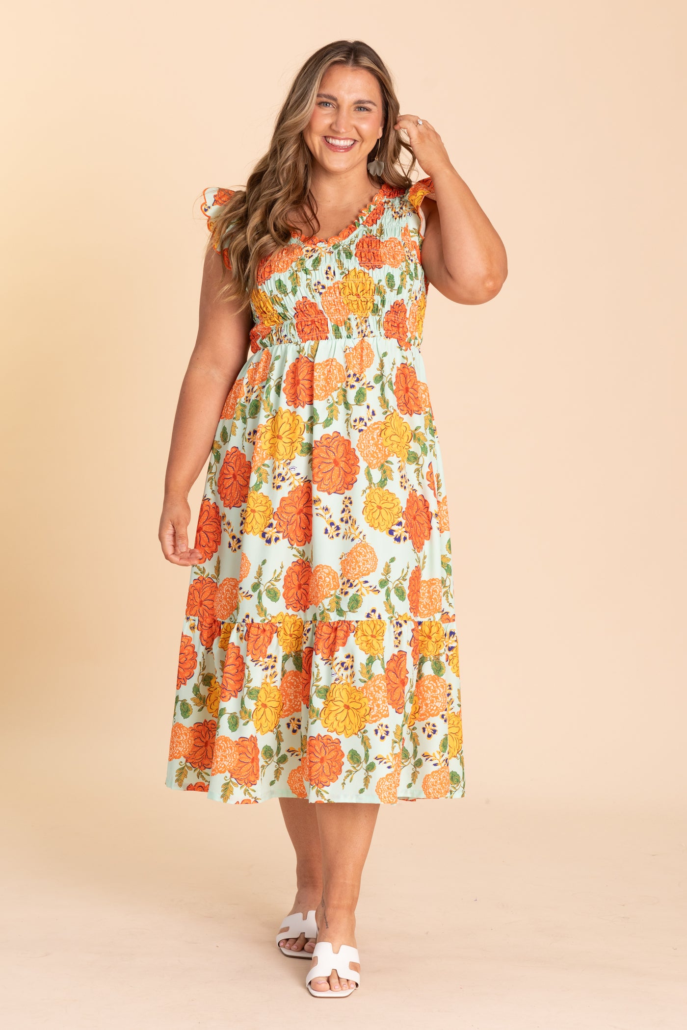 Mint And Orange Floral Smocked Midi Dress