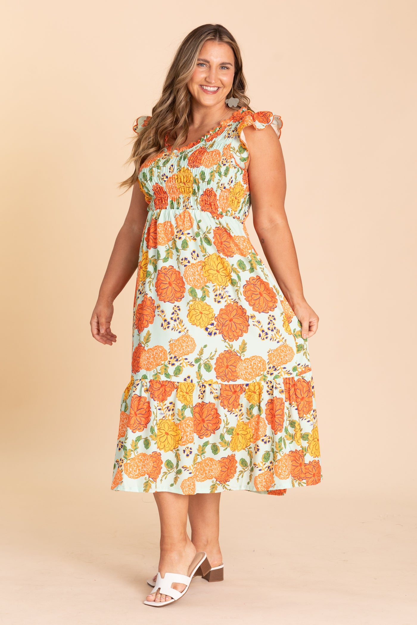Mint And Orange Floral Smocked Midi Dress