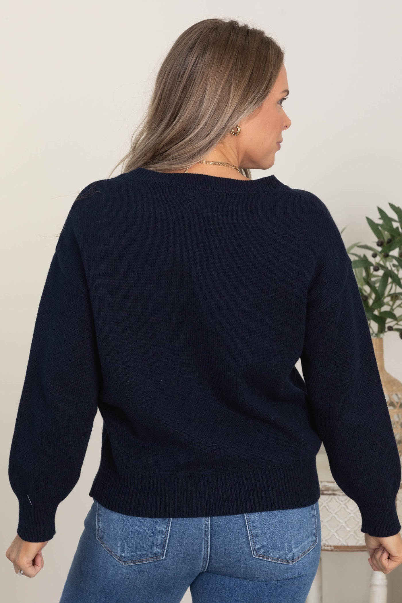 Navy Teddy Jacquard Knit Pullover Sweater