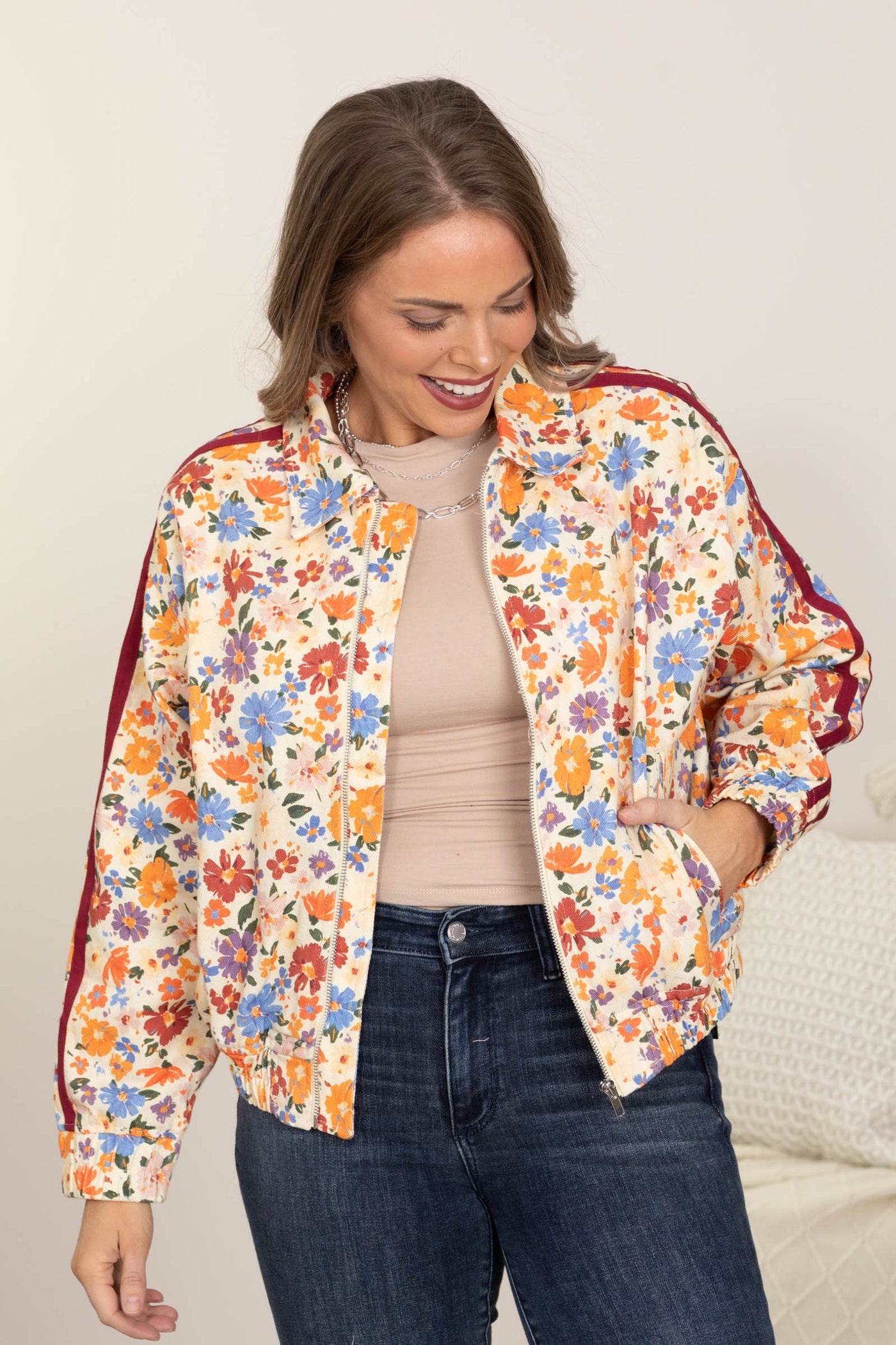 Tangerine And Red Floral Zip Up Jacket