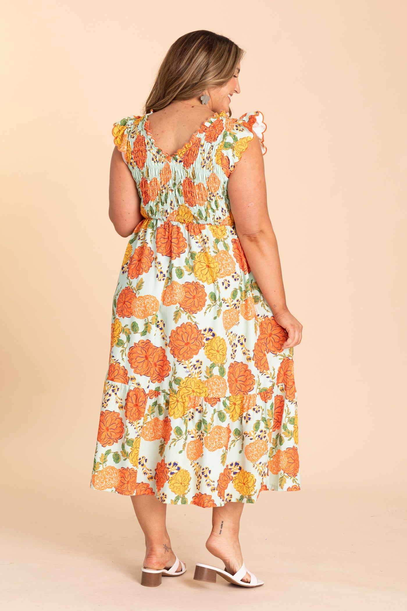 Mint And Orange Floral Smocked Midi Dress