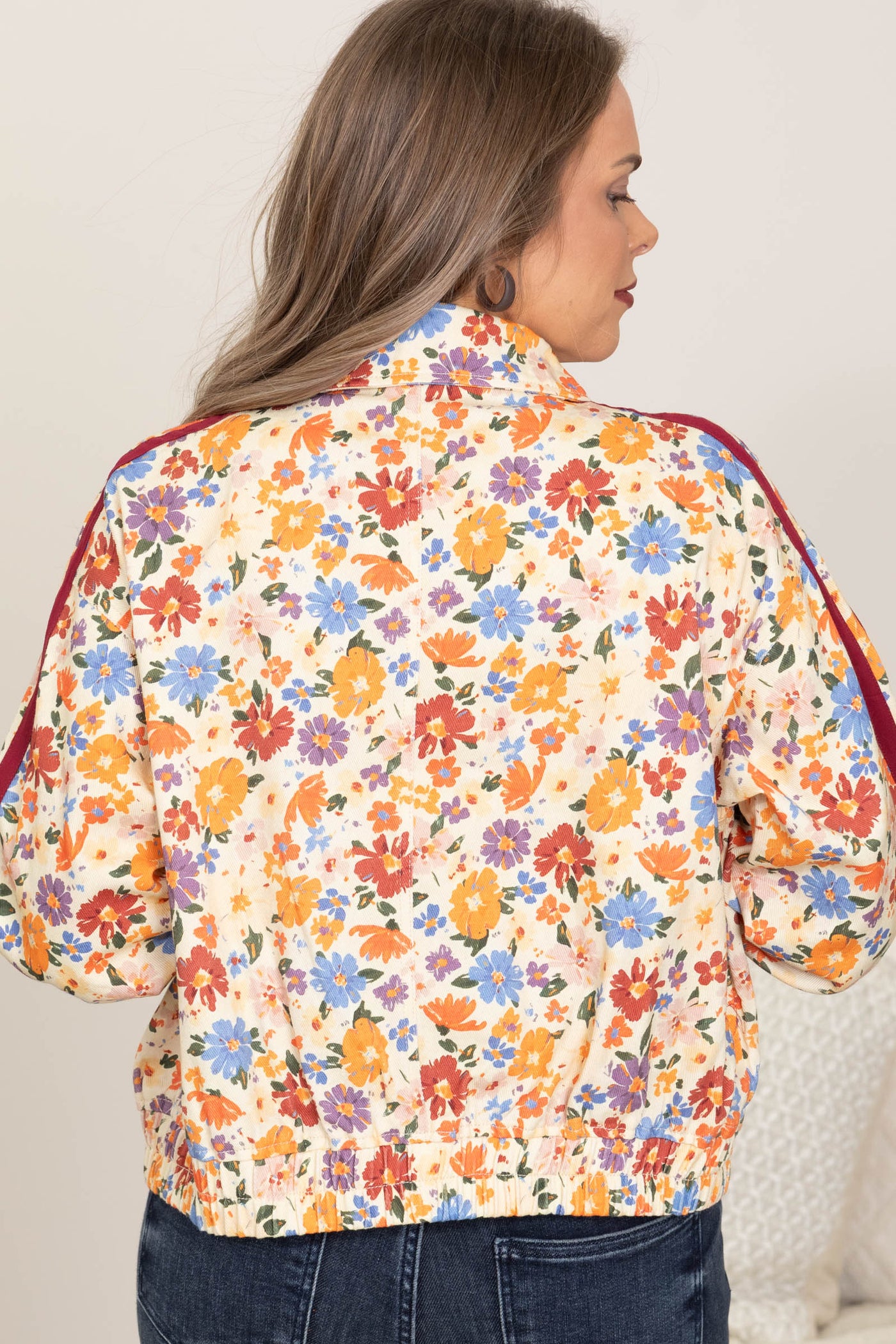 Tangerine And Red Floral Zip Up Jacket