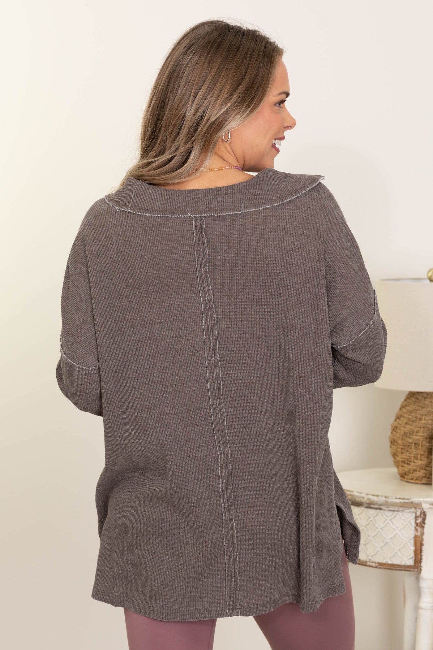 Waffle Knit Oversized Collared Long Sleeve Tops