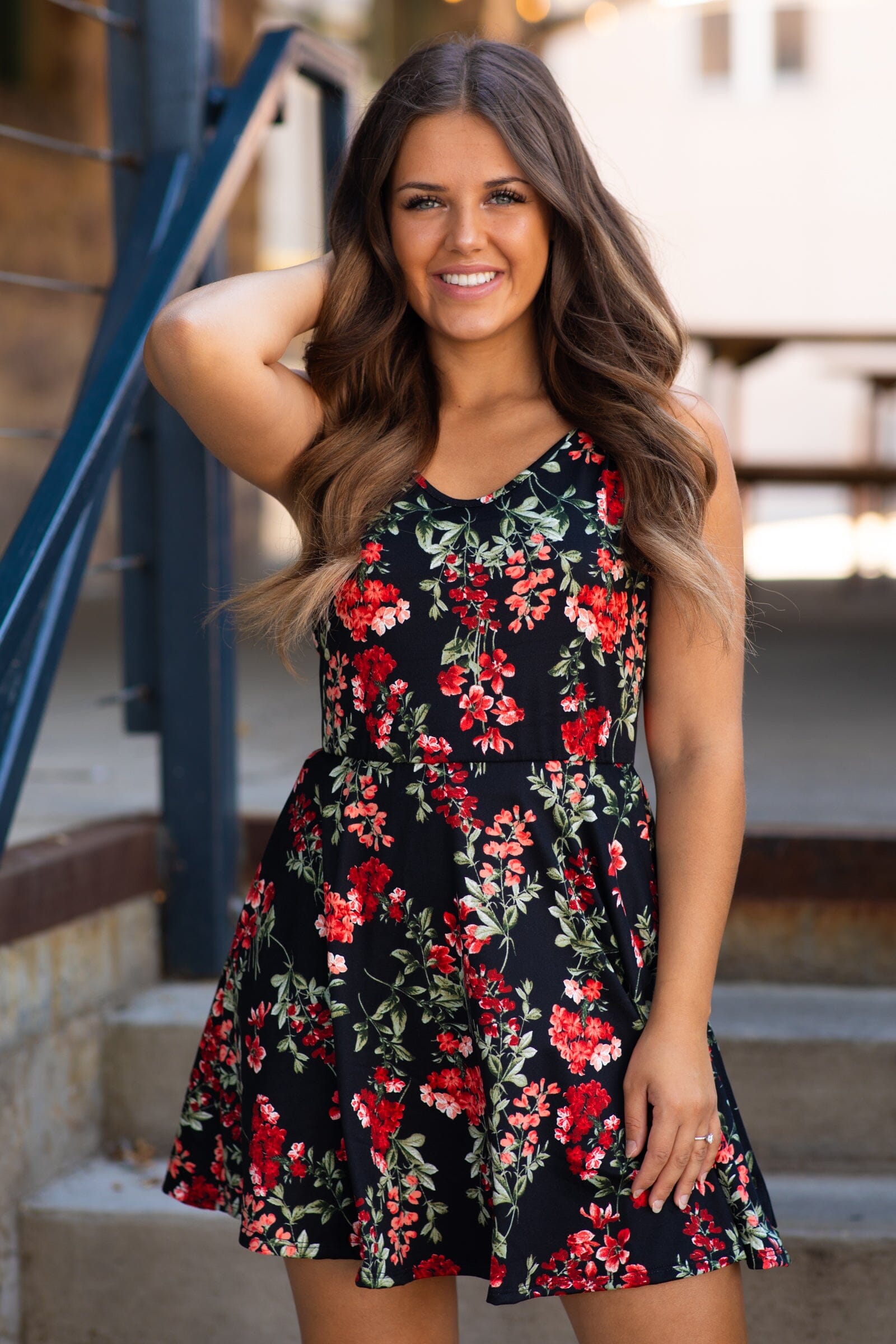 Black and Red Floral Print Dress - Filly Flair