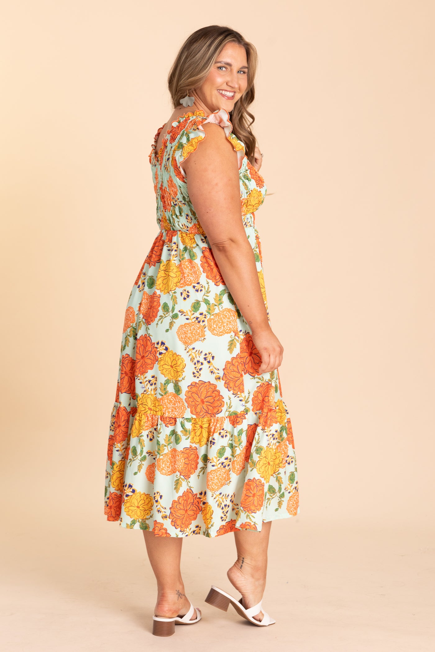 Mint And Orange Floral Smocked Midi Dress