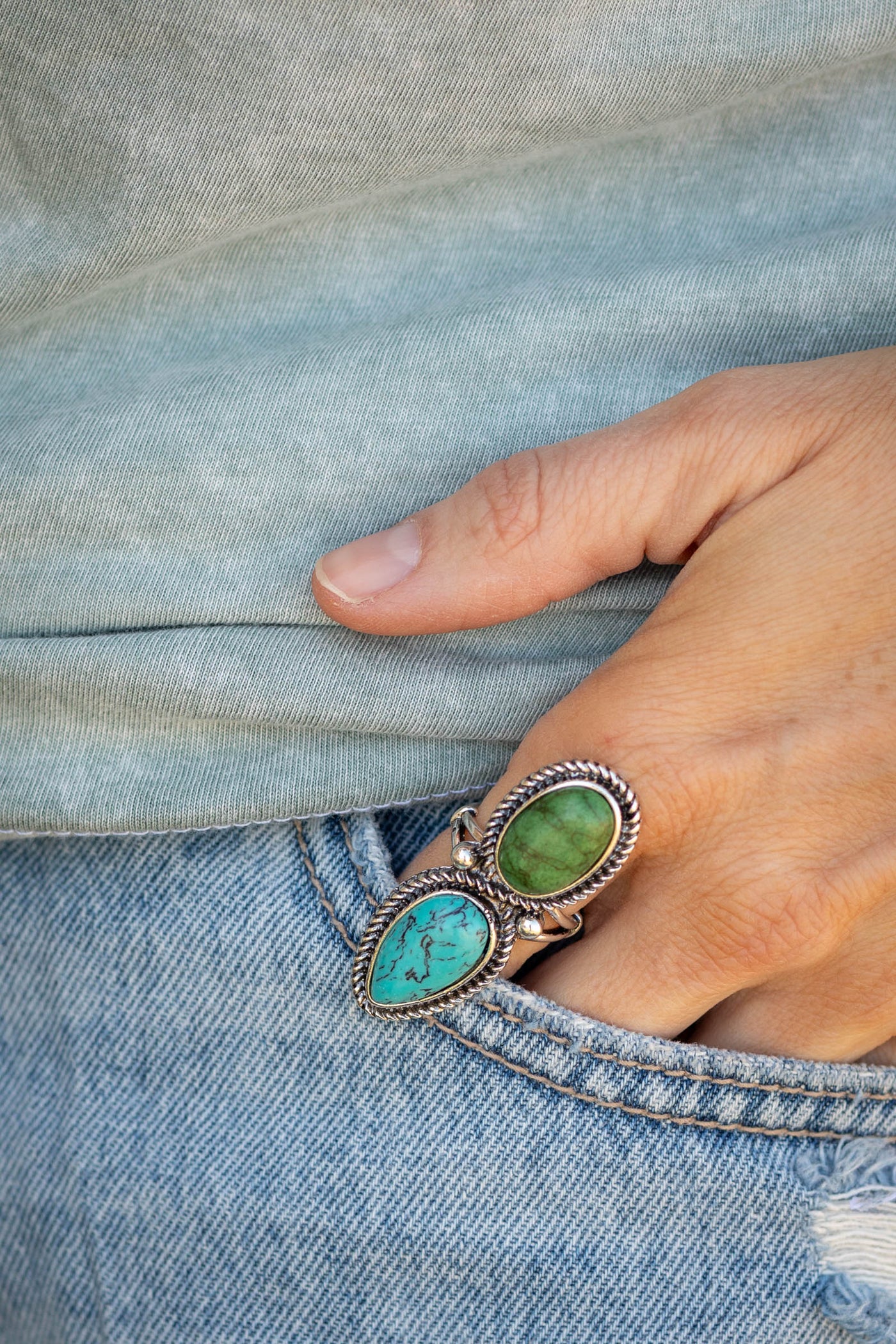 Green Teardrop and Oval Two Stone Ring