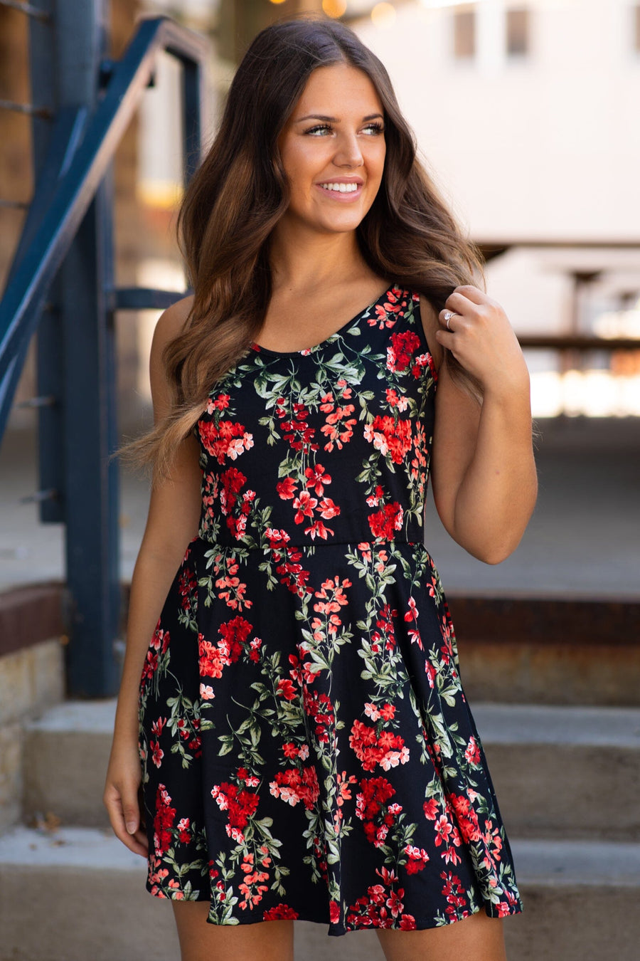 Black and Red Floral Print Dress - Filly Flair