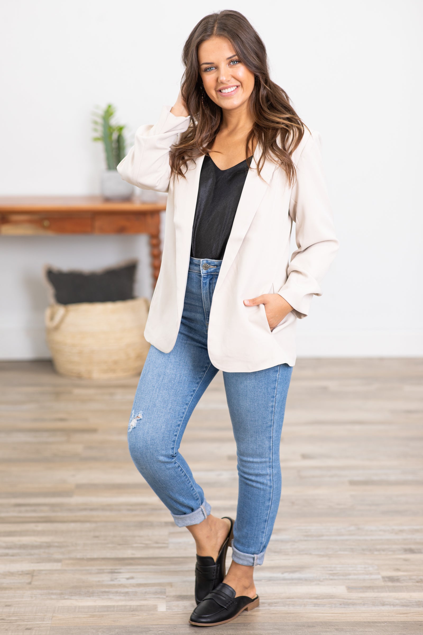 Beige Ruched Sleeve Classic Fit Blazer
