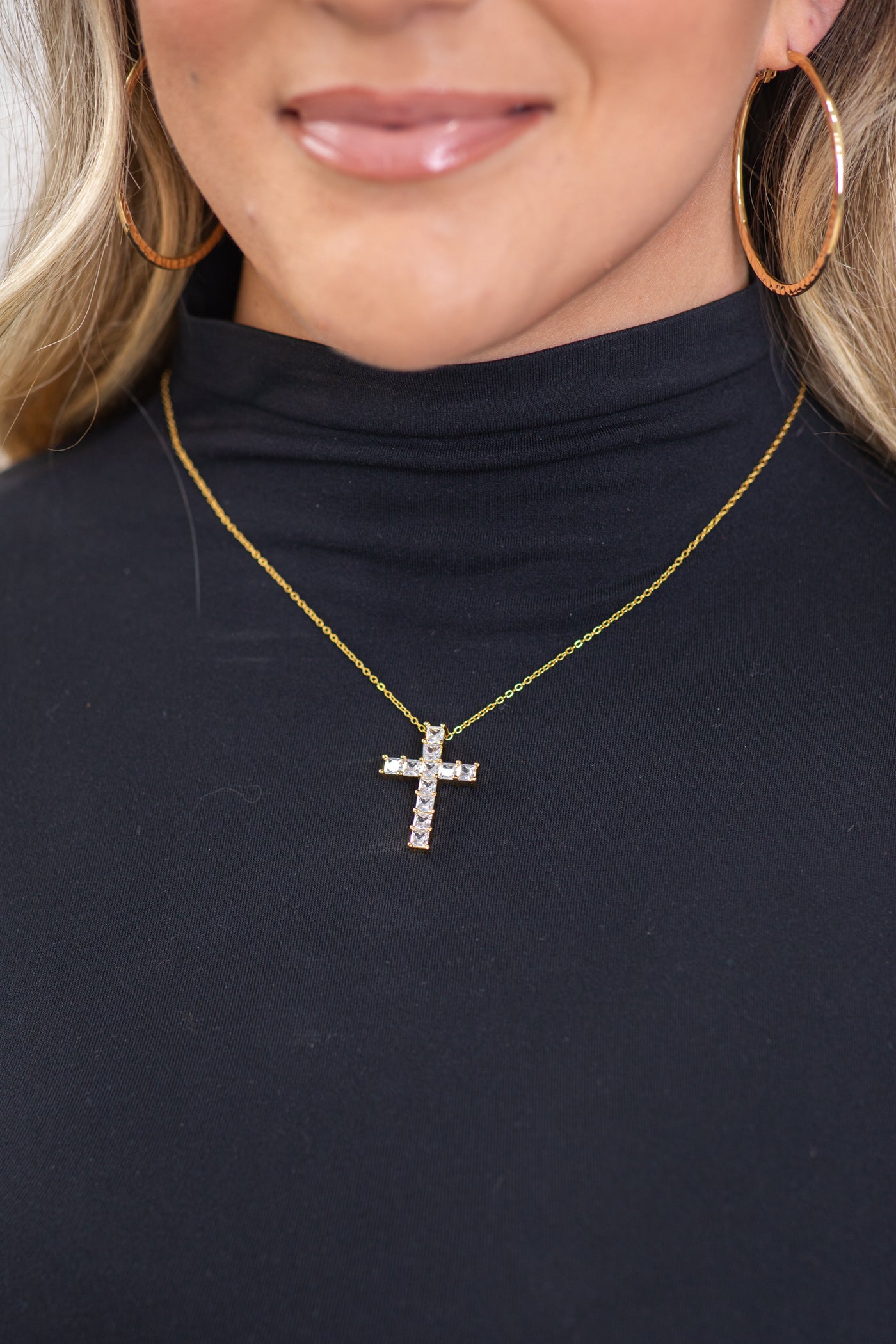 Gold Cross Pendant Necklace With Rhinestones
