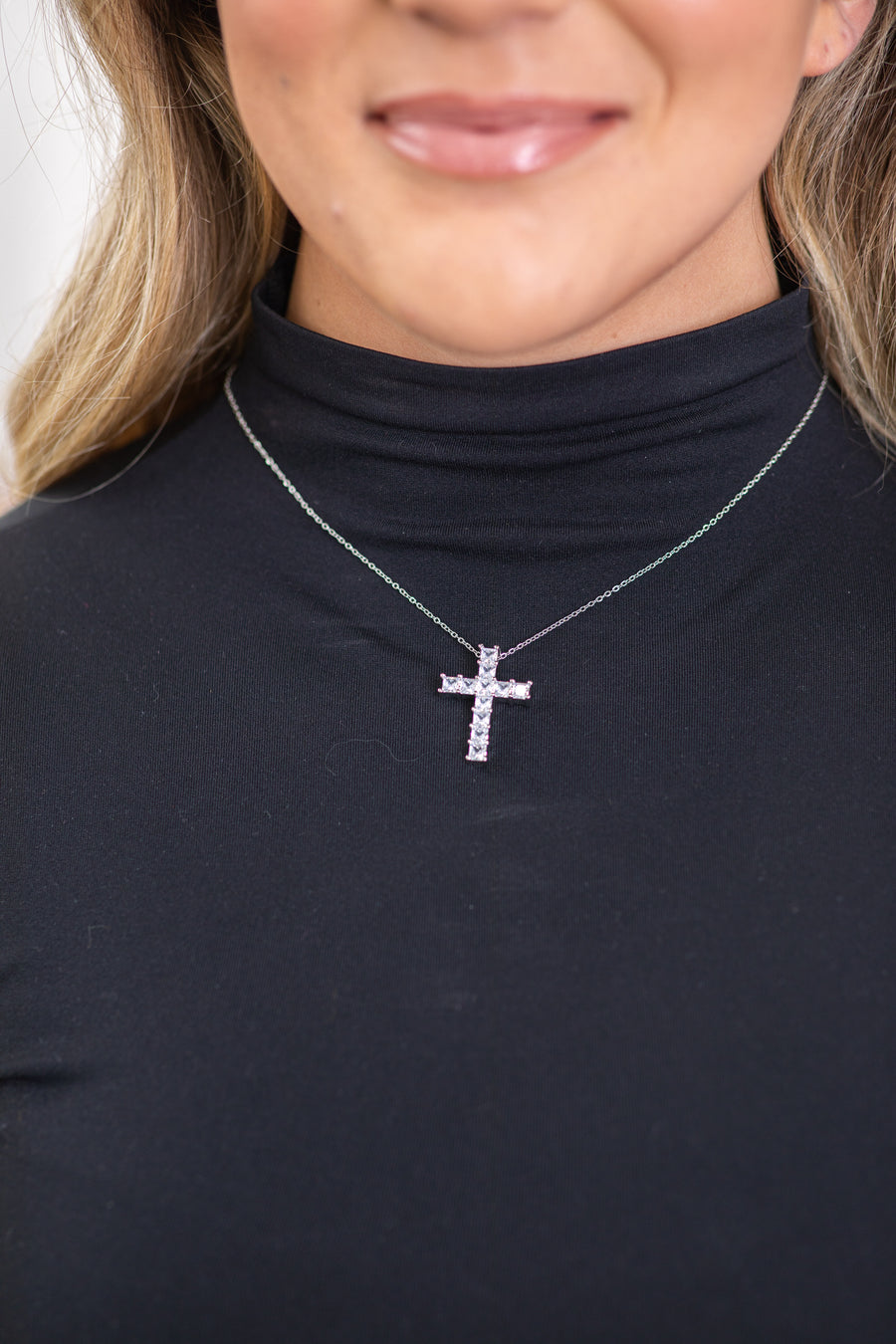 Silver Cross Pendant Necklace With Rhinestones
