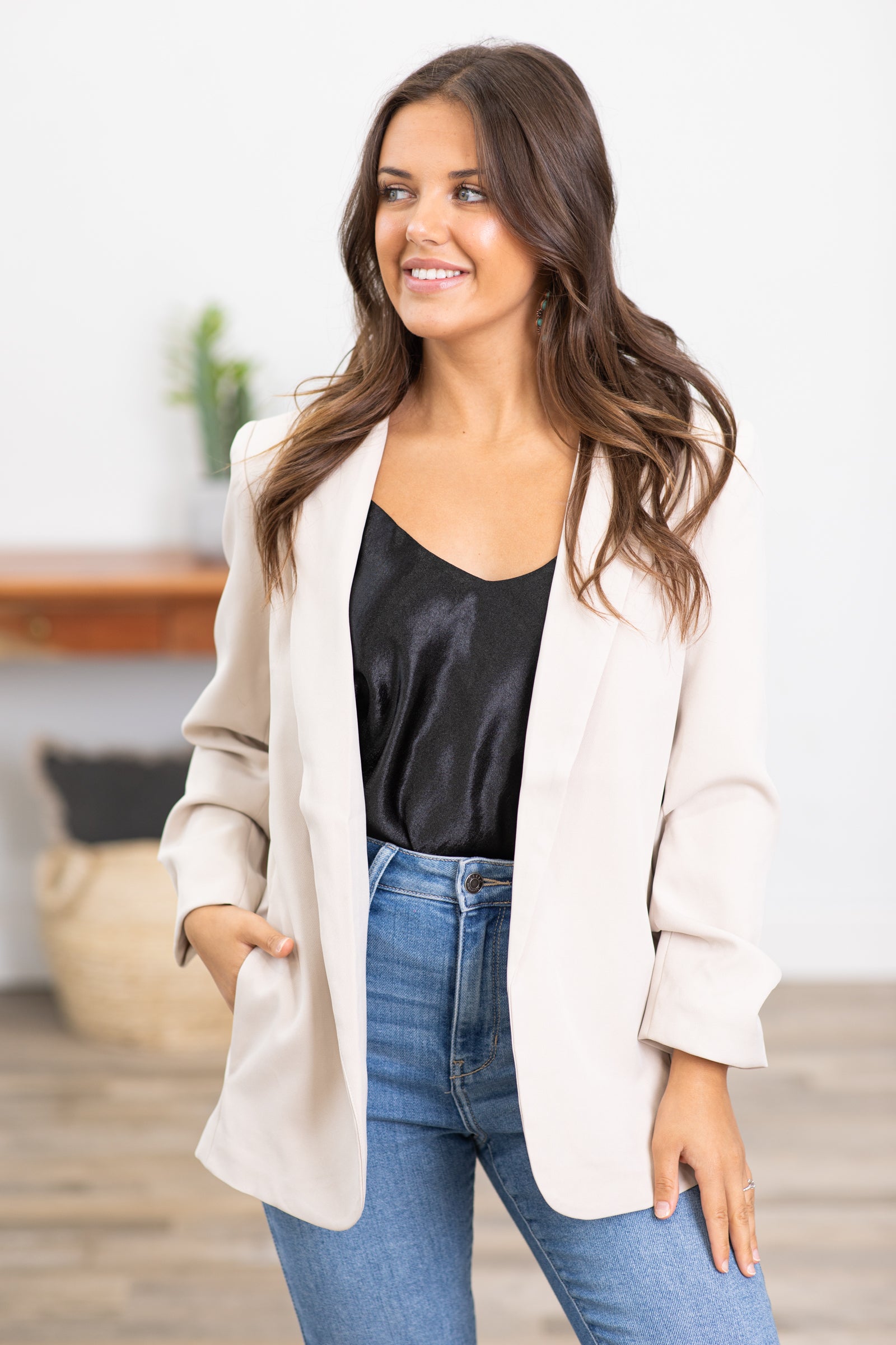 Beige Ruched Sleeve Classic Fit Blazer