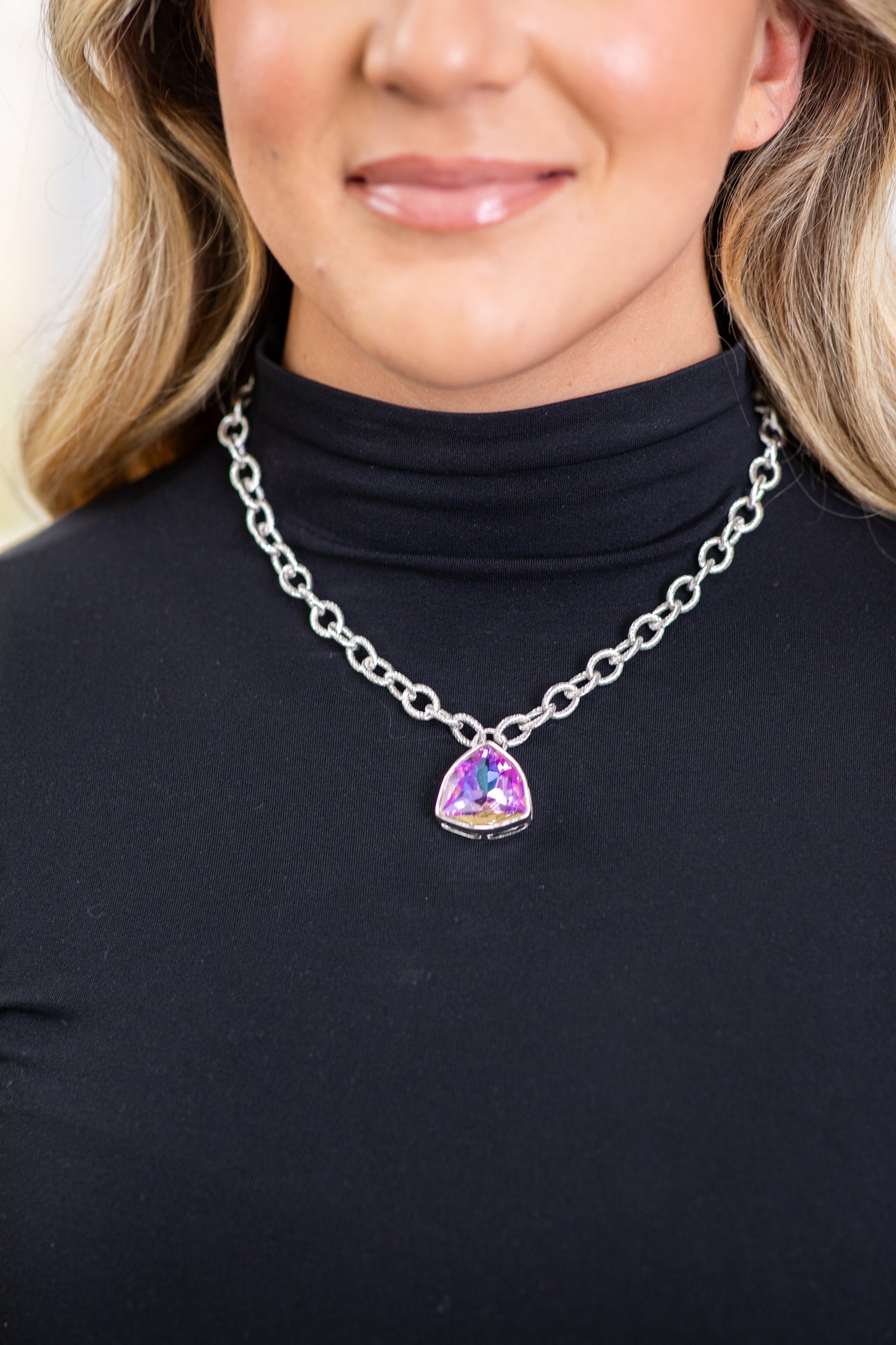 Silver Necklace With Purple Stone Pendant