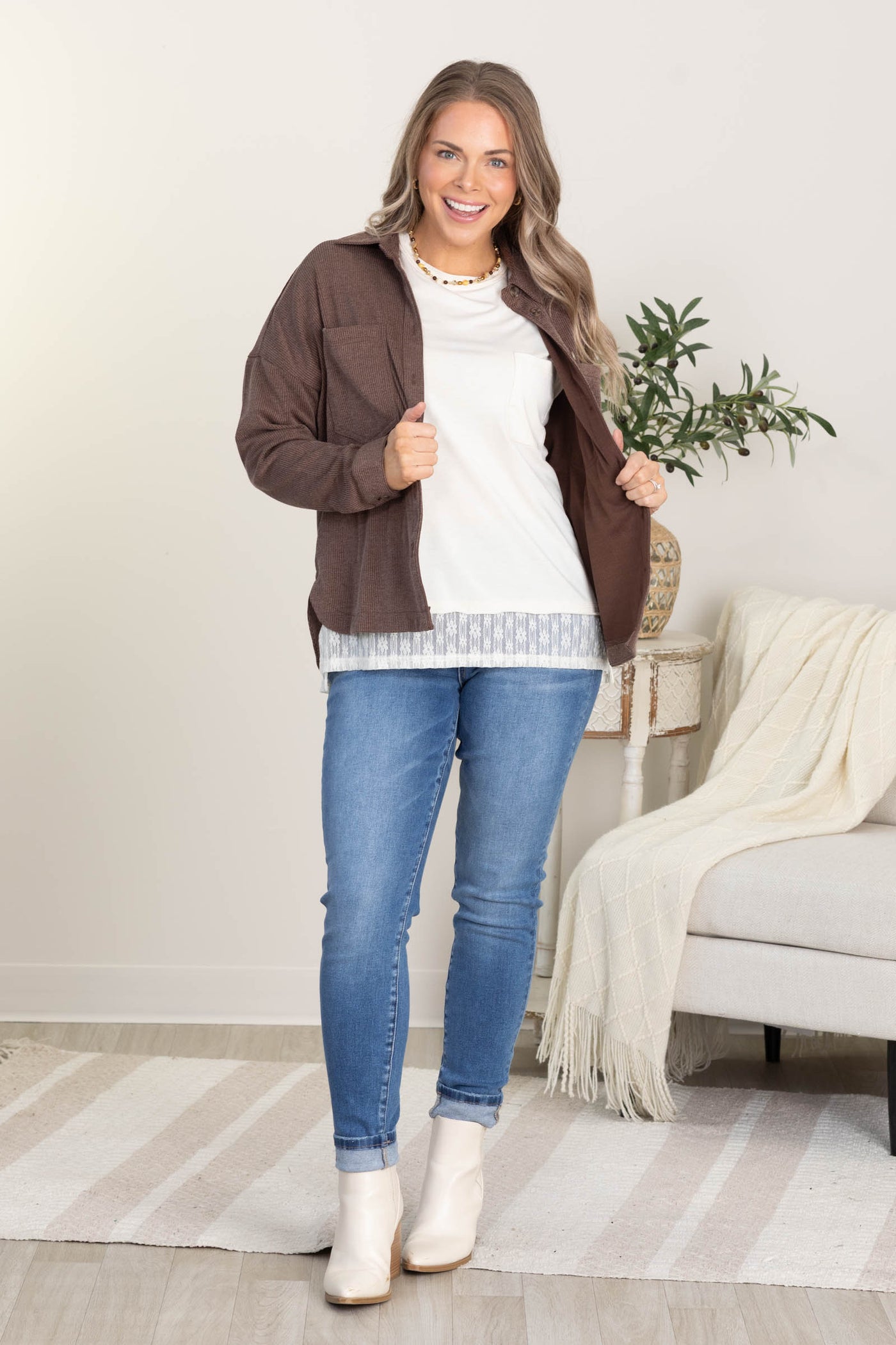 Pinstripe Collared Button Down Shacket