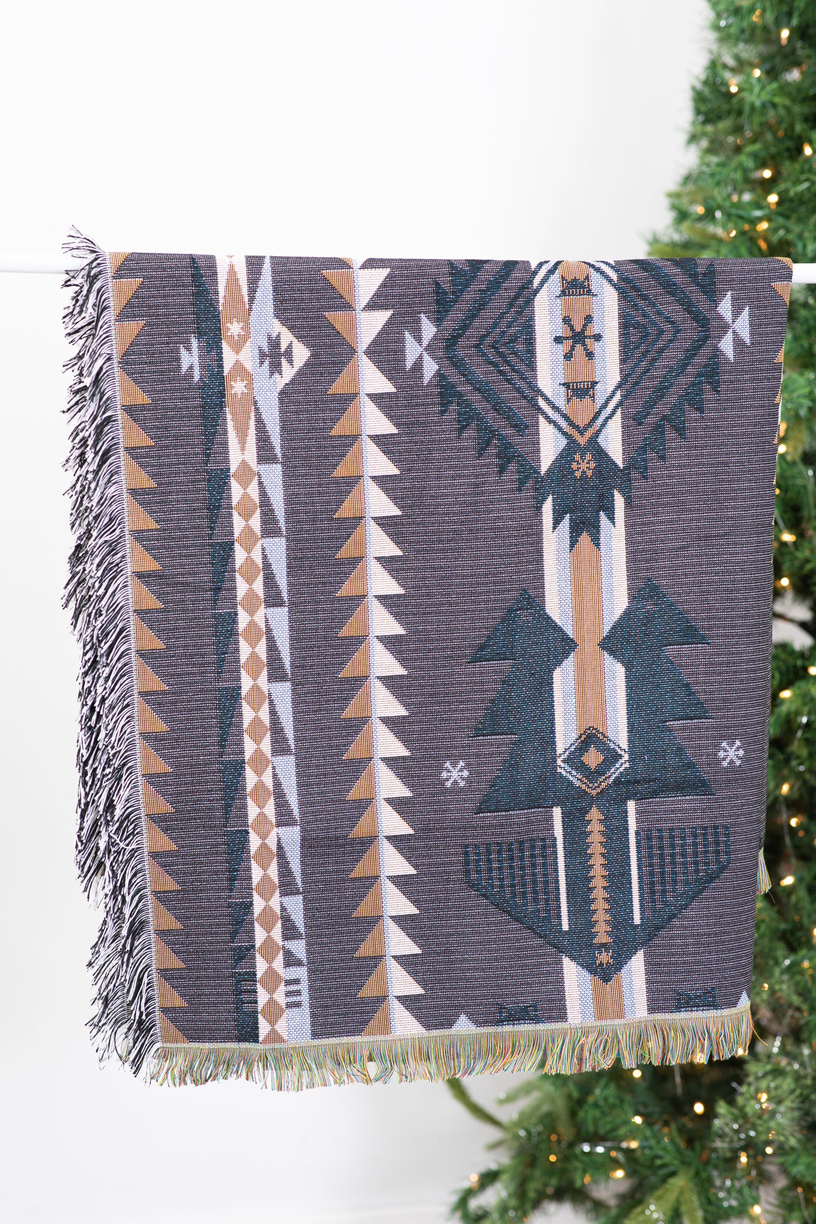 Charcoal and Tan Aztec Blanket With Fringe