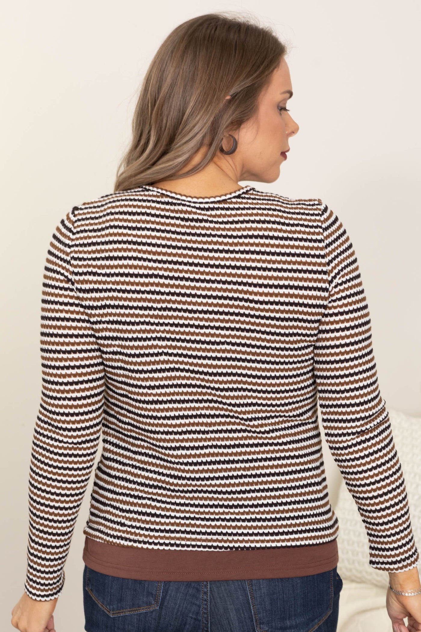 Brown Textured Striped Long Sleeve Knit Top