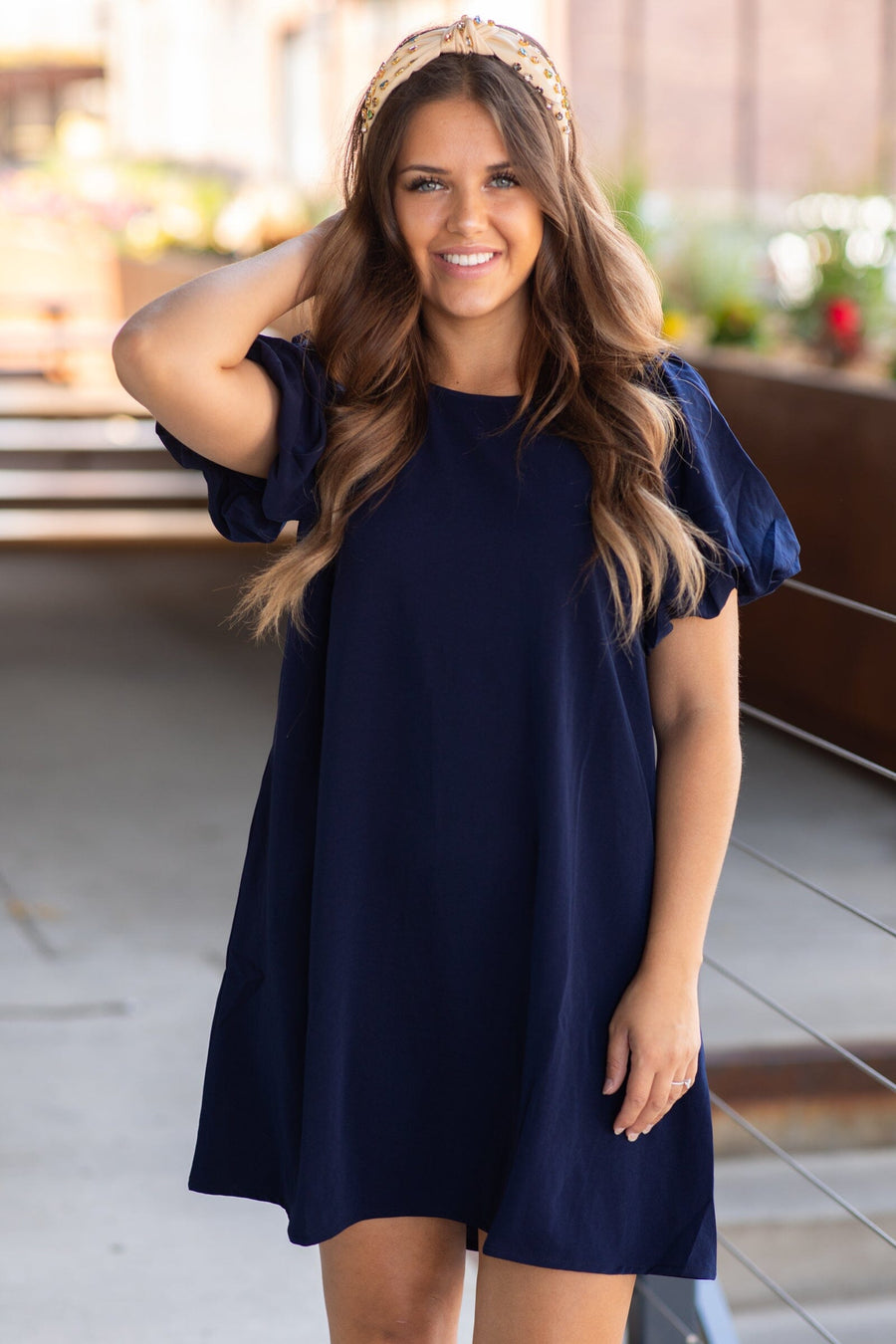 Navy Balloon Sleeve Dress With Pockets - Filly Flair