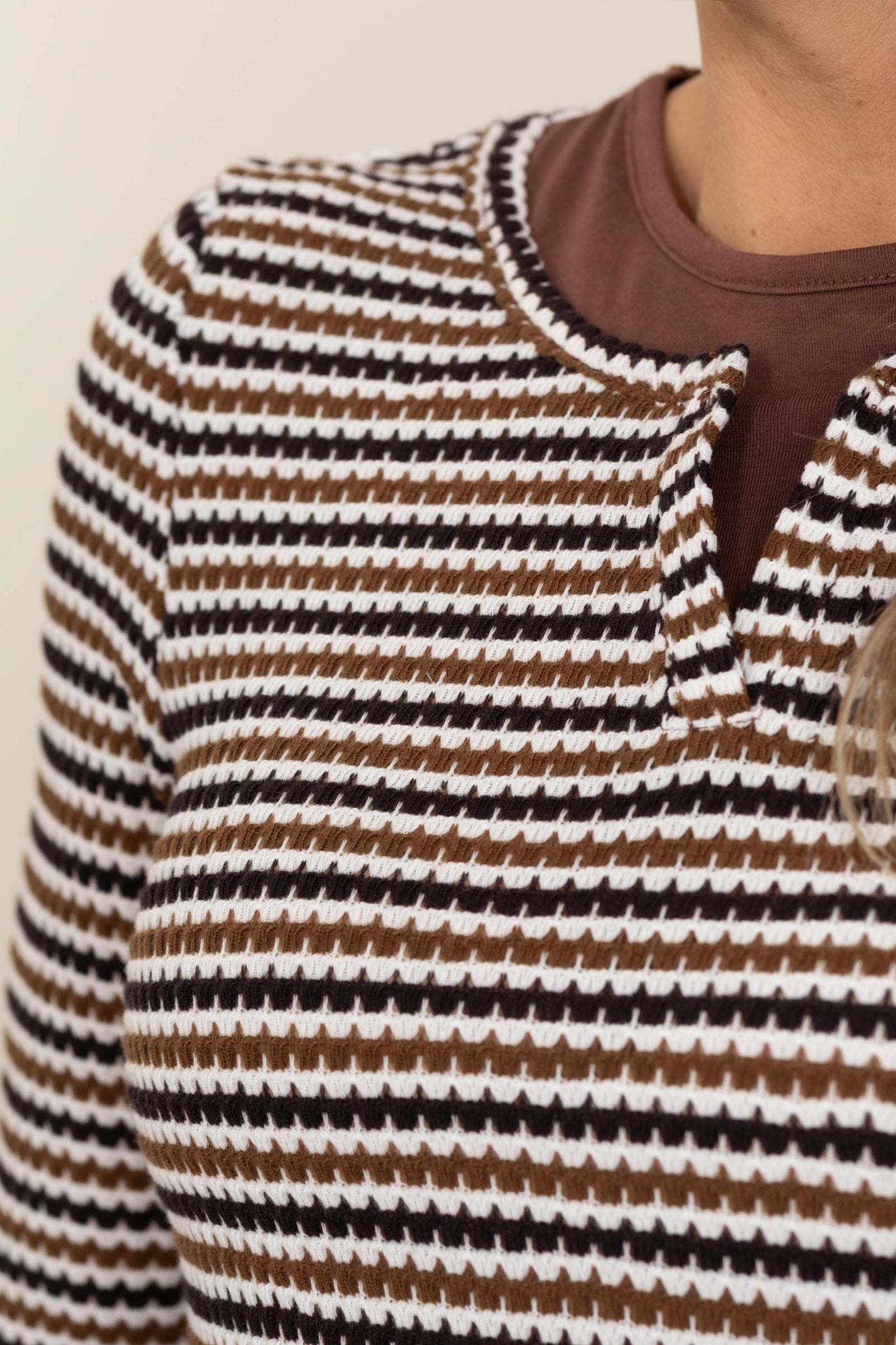 Brown Textured Striped Long Sleeve Knit Top