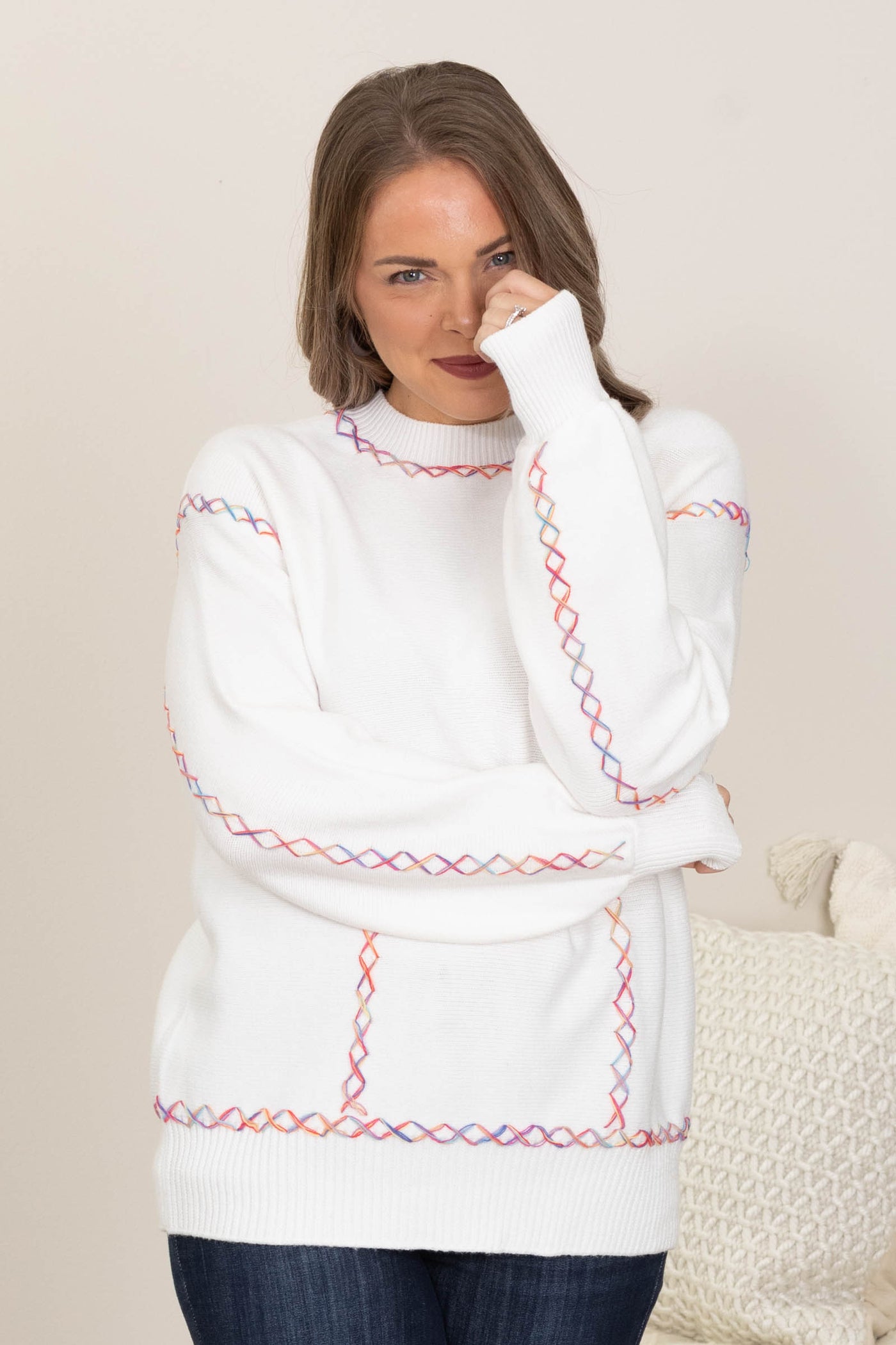 White With Colorful Stitching Sweater