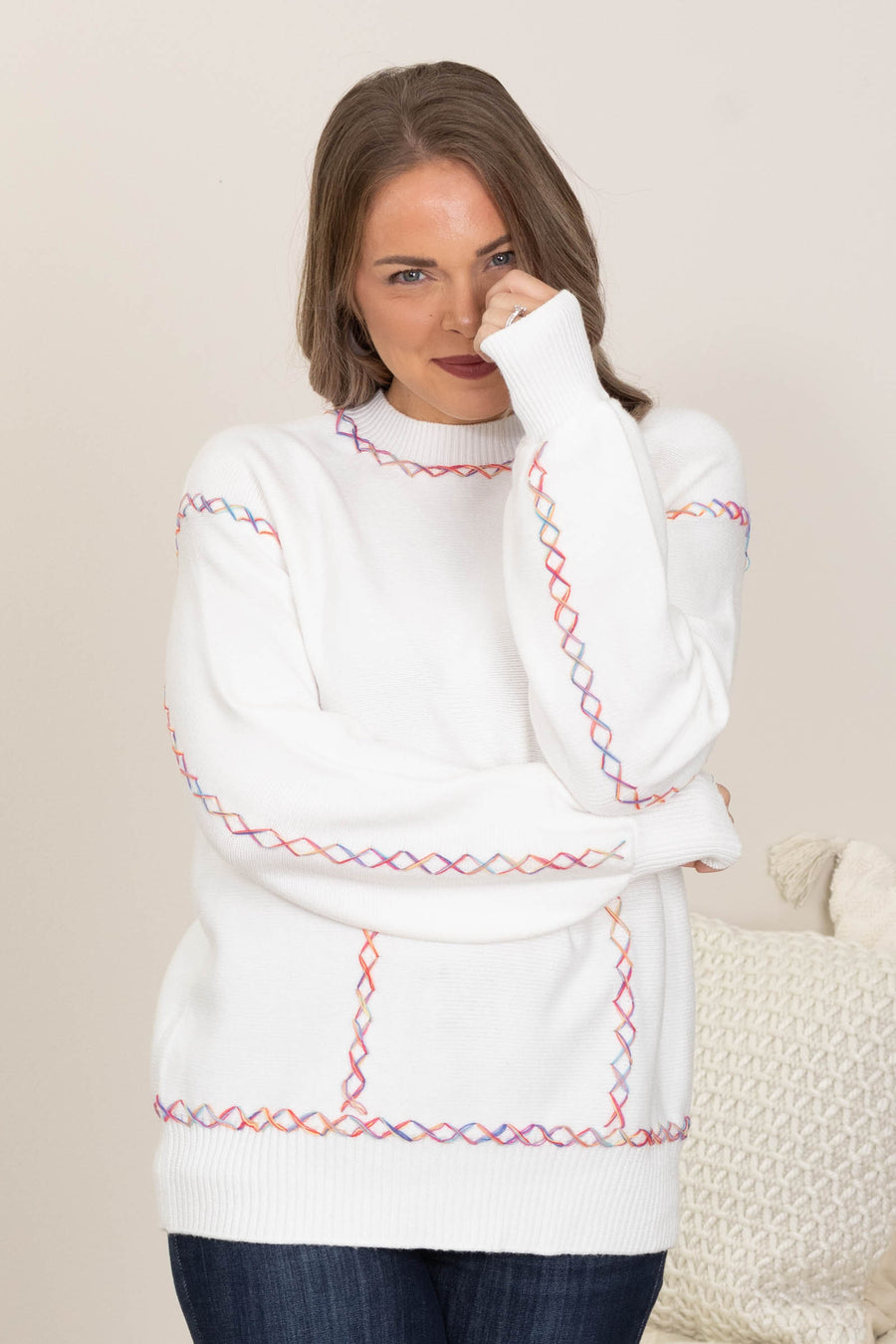 White With Colorful Stitching Sweater