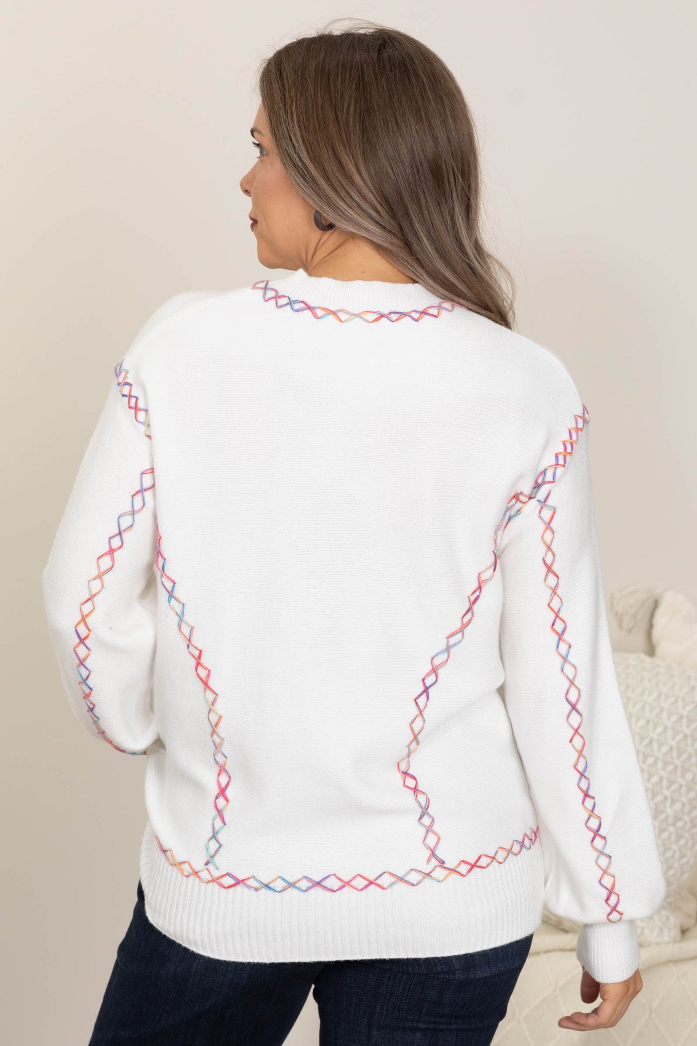 White With Colorful Stitching Sweater