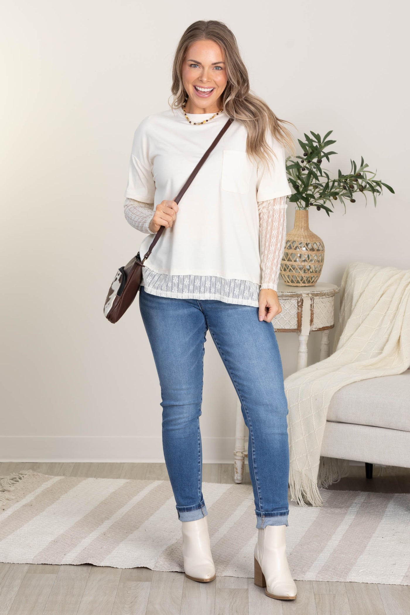 Knit Top With Faux Layered Lace Sleeve
