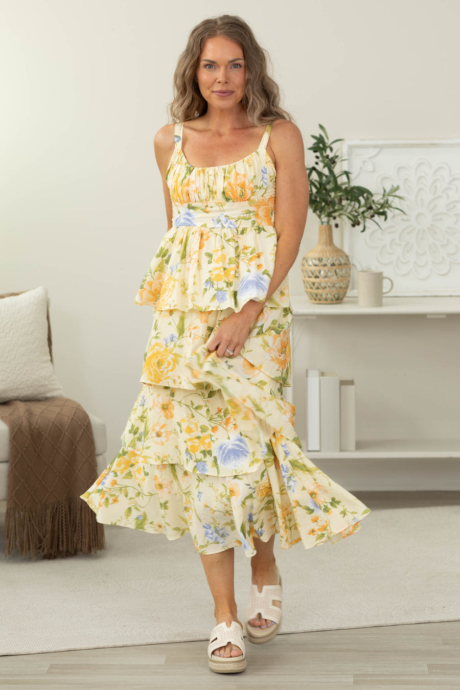 Butter Yellow Floral Ruffle Tiered Midi Dress