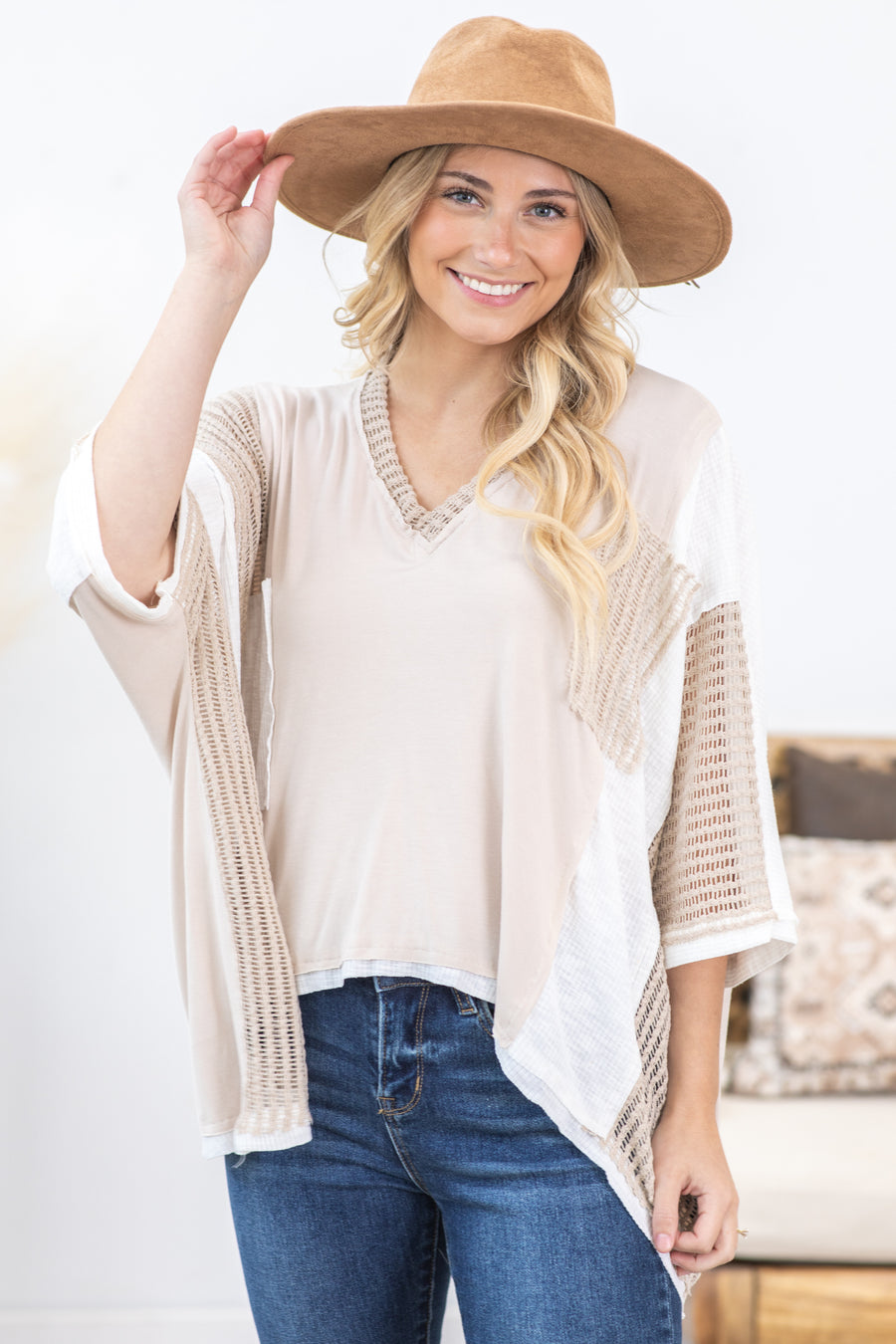 Beige Colorblock Waffle Knit Top