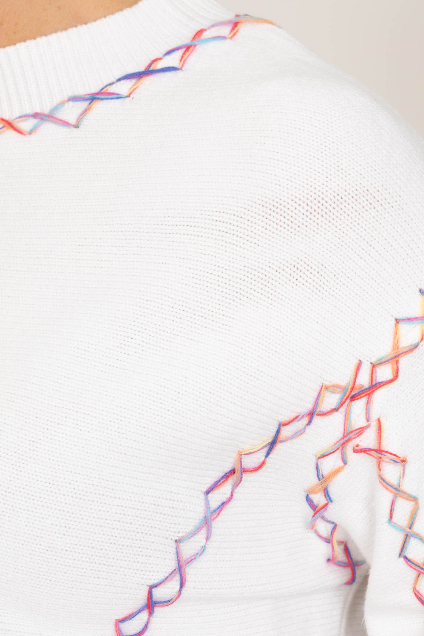 White With Colorful Stitching Sweater