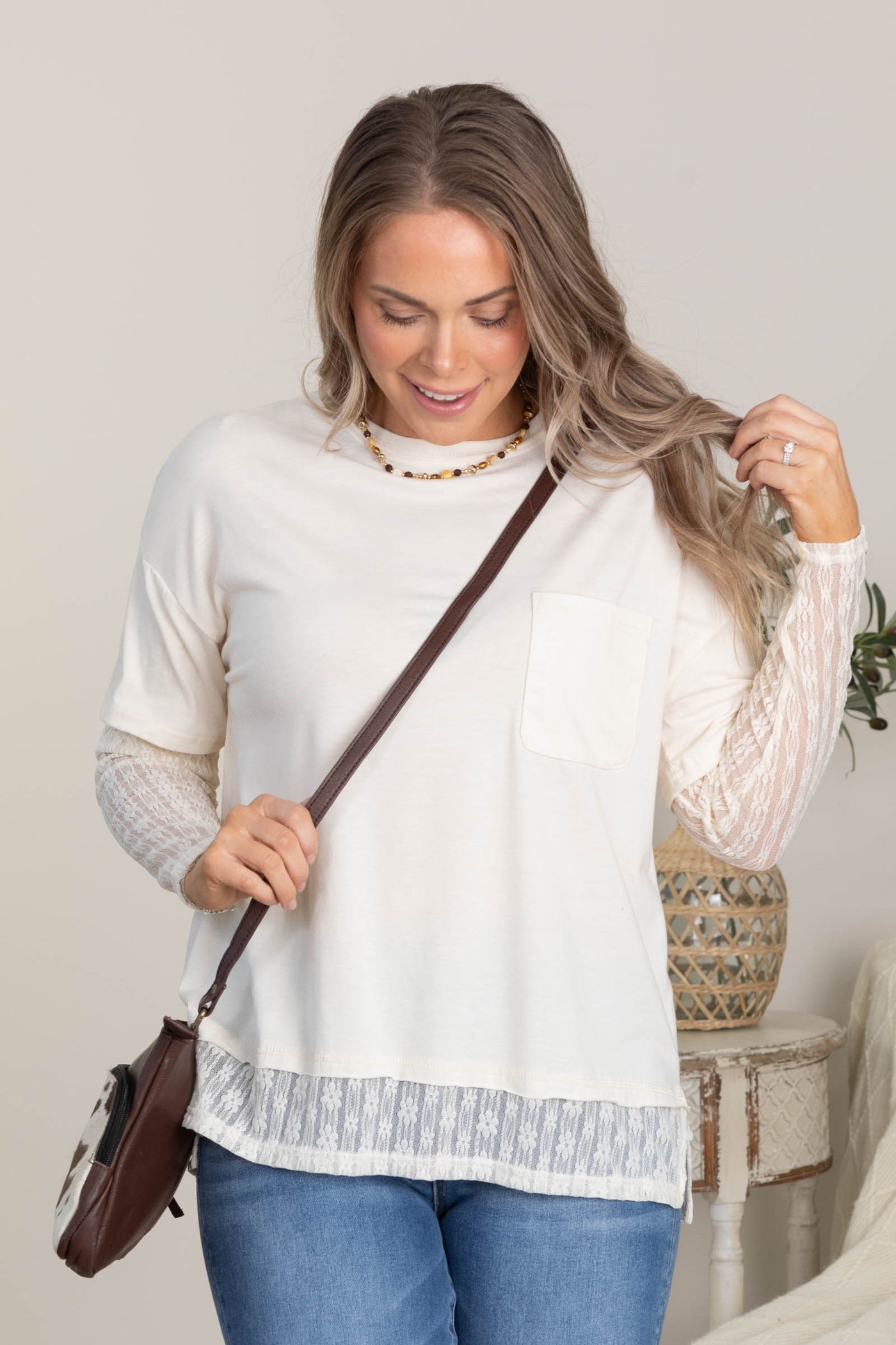 Knit Top With Faux Layered Lace Sleeve