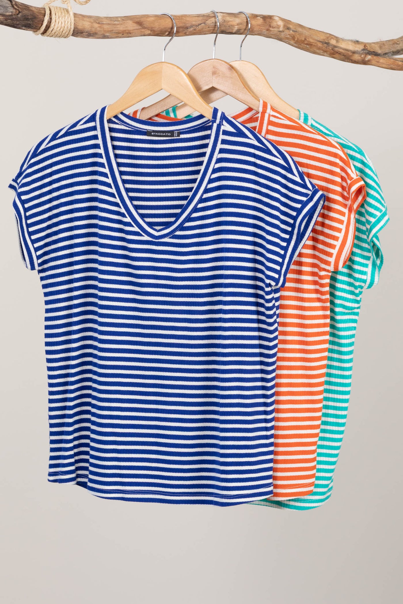 V-Neck Line Stripe Rib Knit Tops