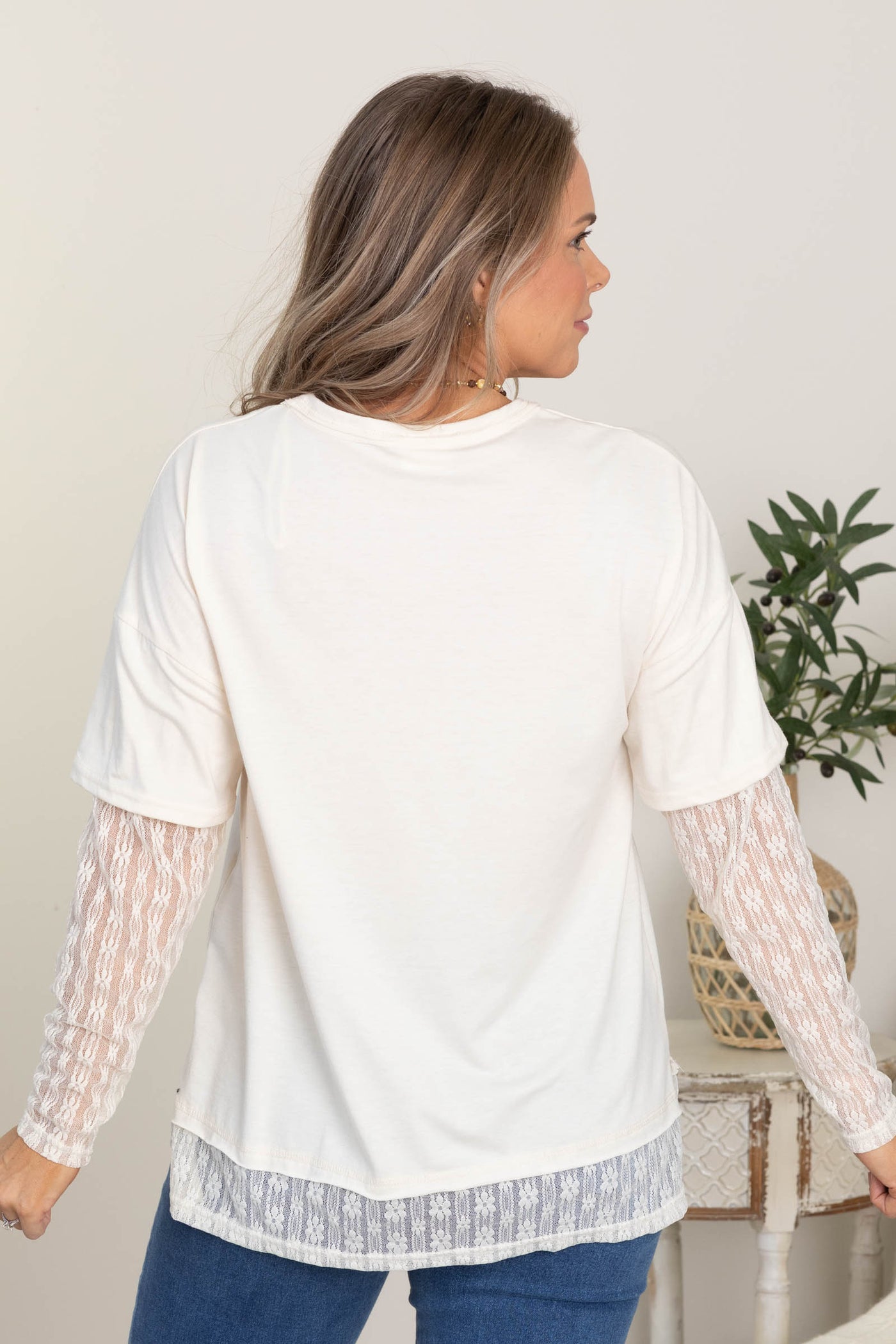 Knit Top With Faux Layered Lace Sleeve
