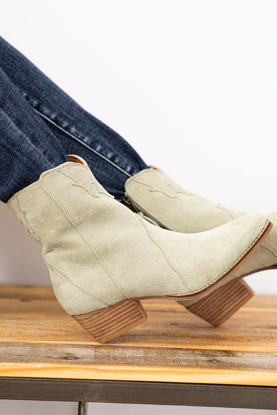 Sage Faux Suede Bootie With Western Detail - Filly Flair