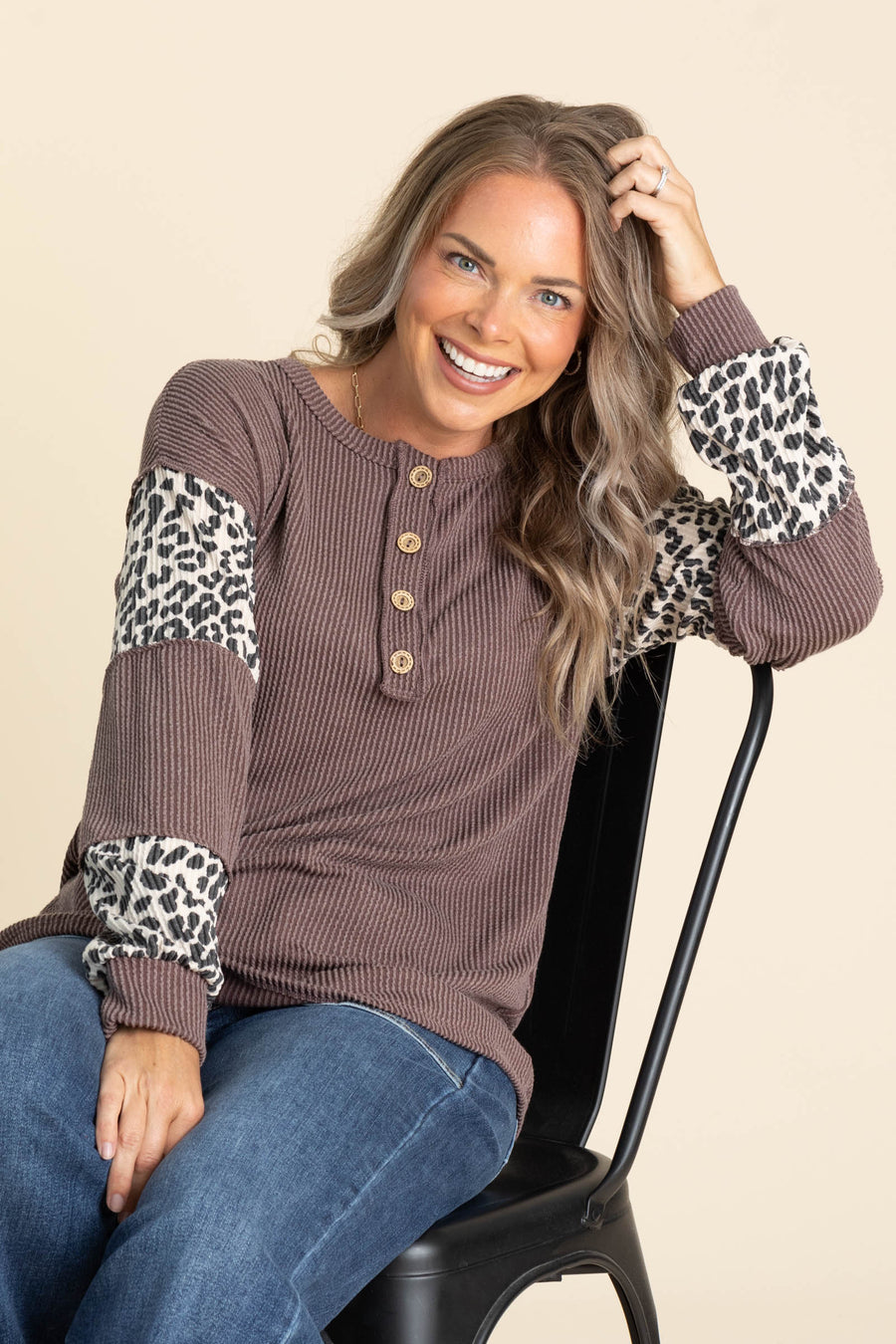 Brown Ribbed Long Sleeve With Cheetah Knit Top