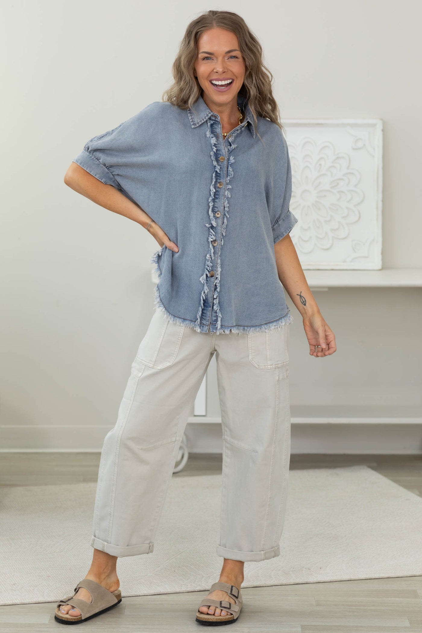 Medium Chambray Frayed Trim Button Top