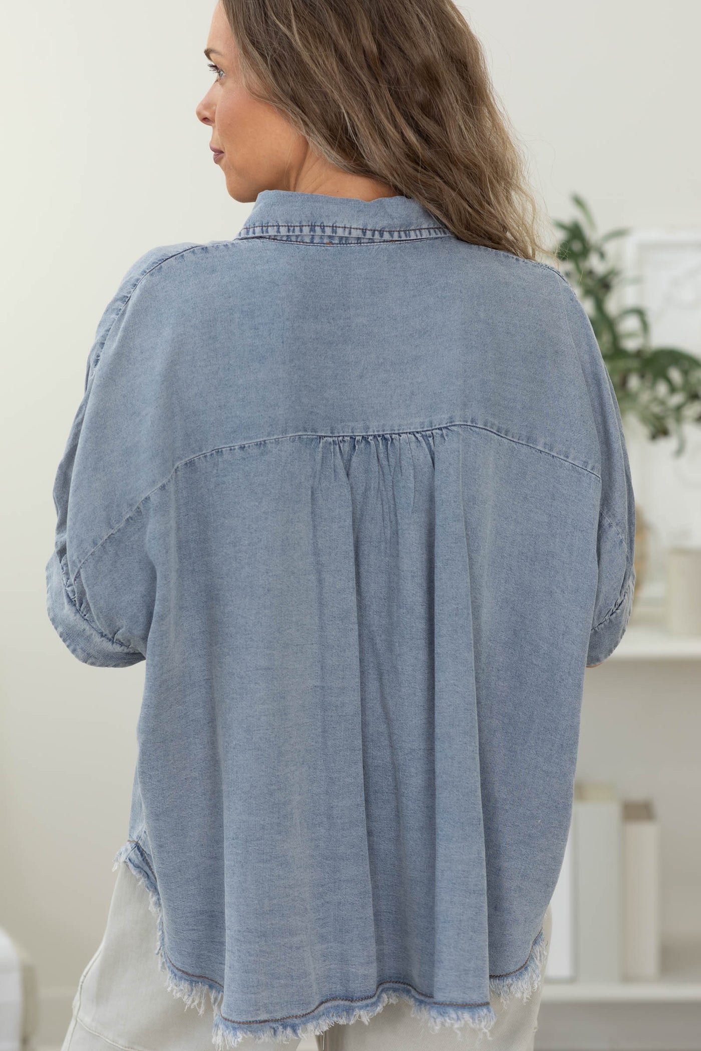 Medium Chambray Frayed Trim Button Top