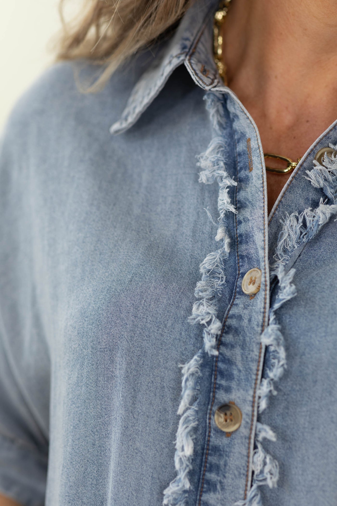 Medium Chambray Frayed Trim Button Top