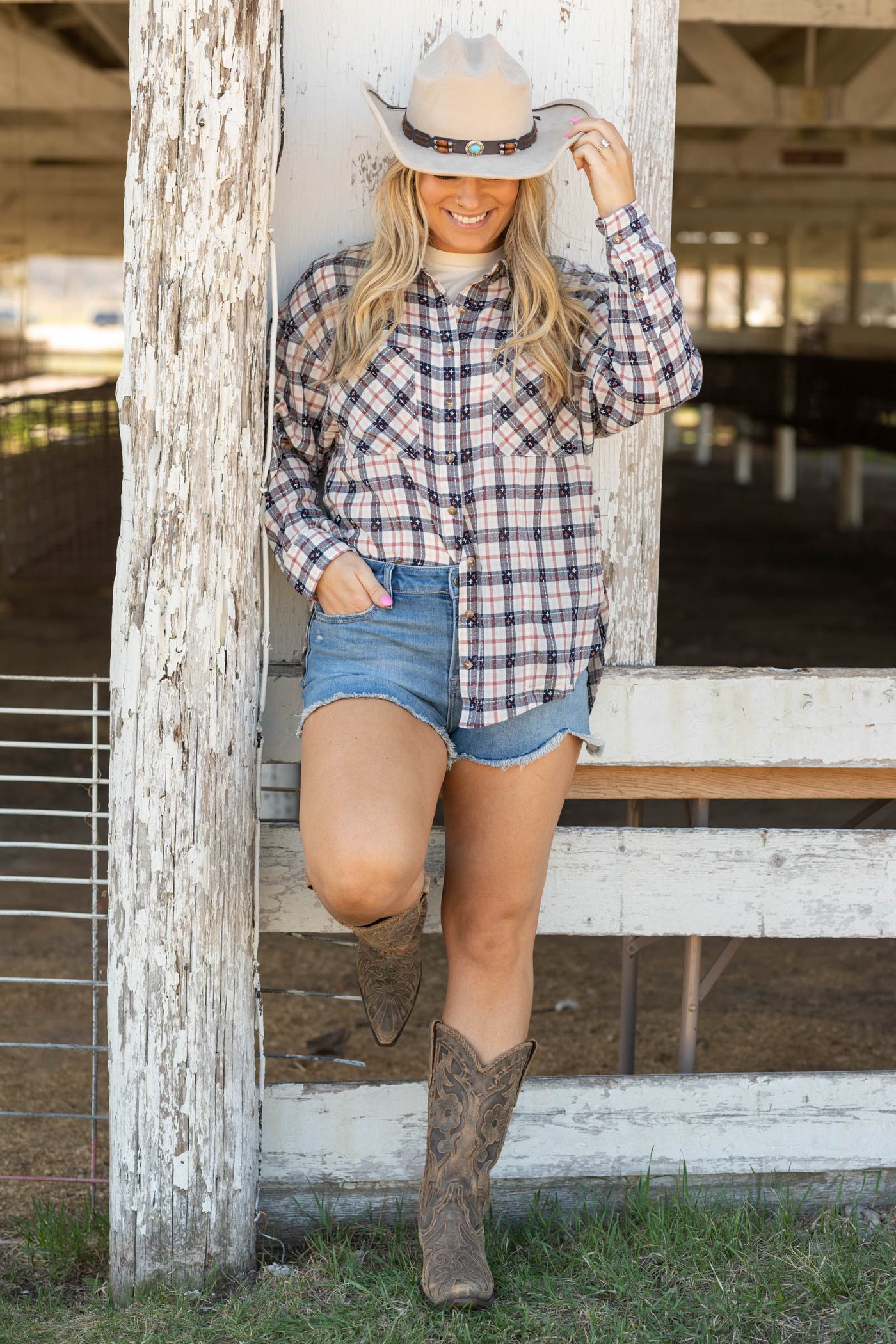 Rust And Navy Plaid Button Down Shirt- 100% Cotton