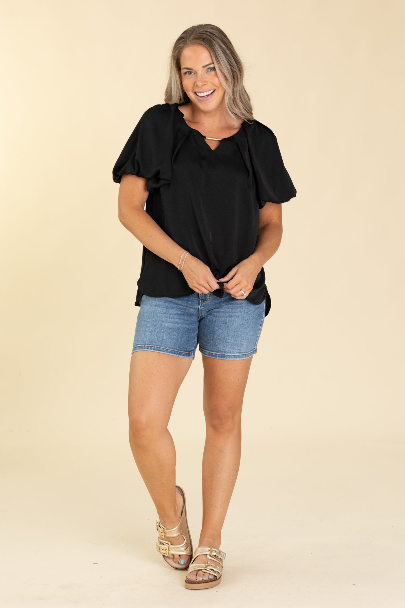 Black With Gold Bar Puff Sleeve Woven Top