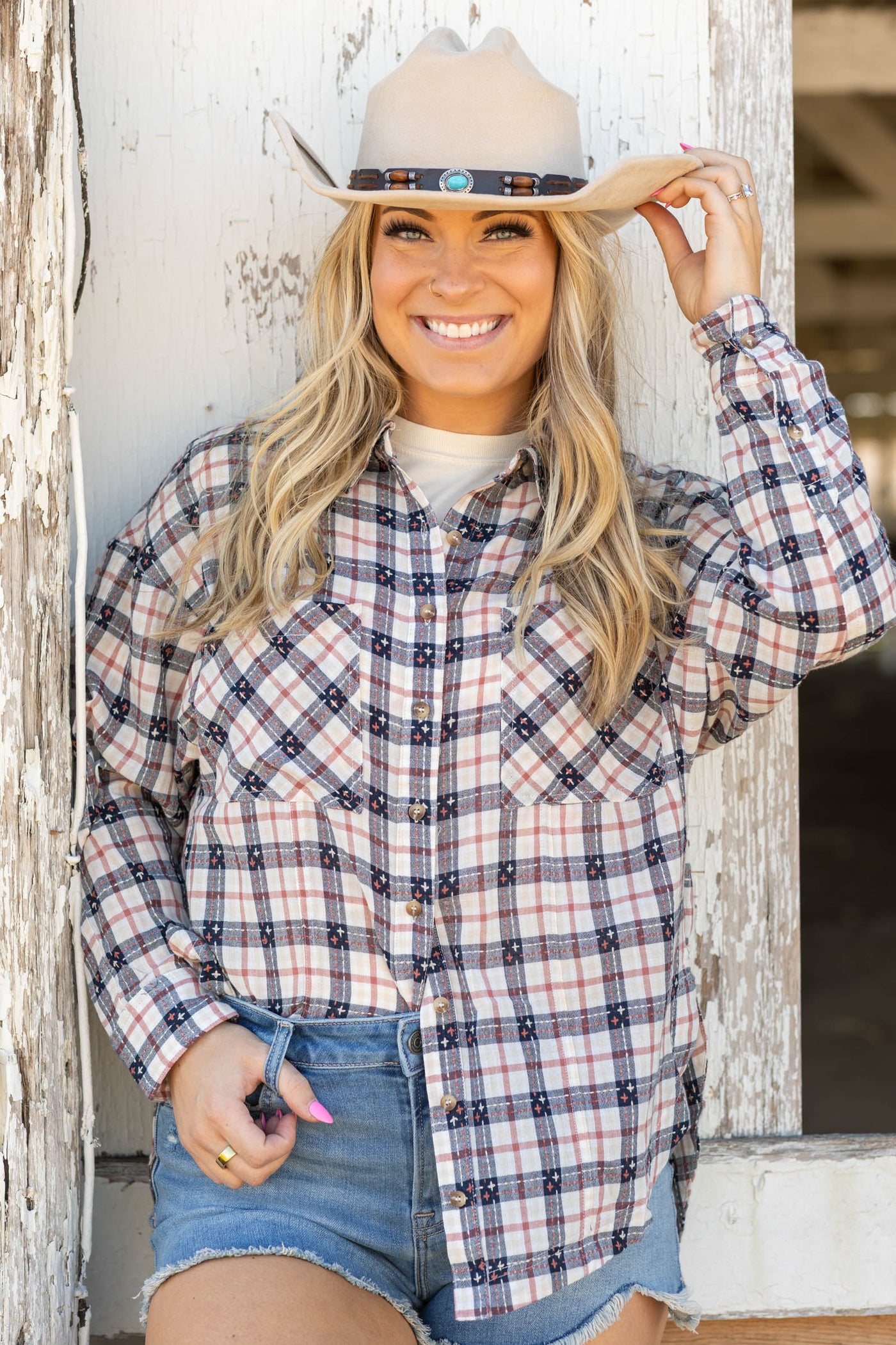 Rust And Navy Plaid Button Down Shirt- 100% Cotton
