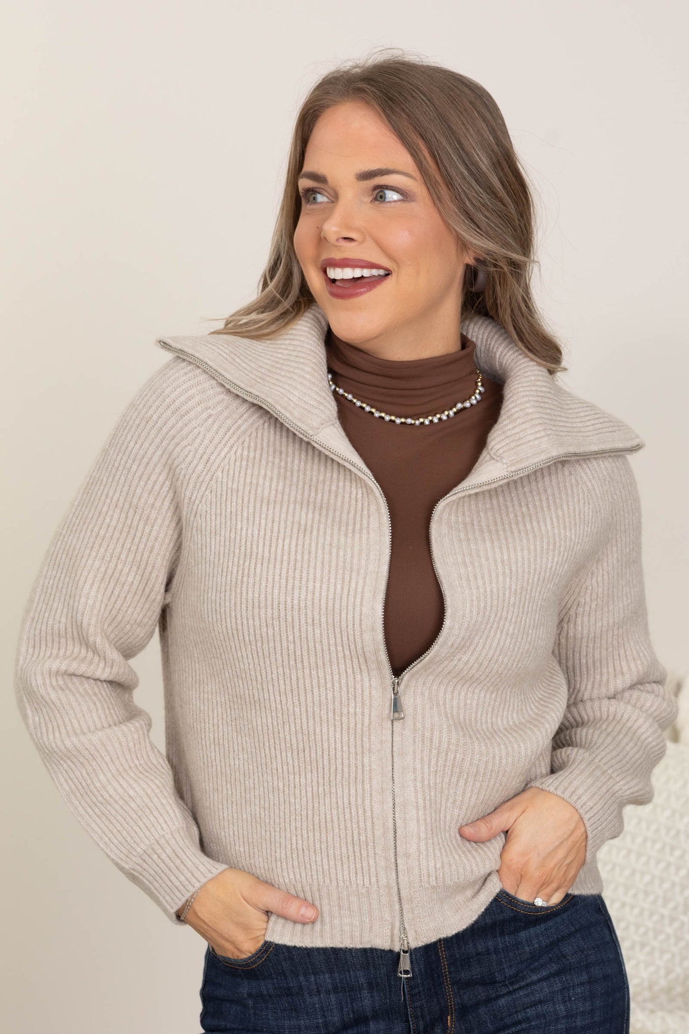 Luxe Funnel Neck Double Zipper Sweater Jackets