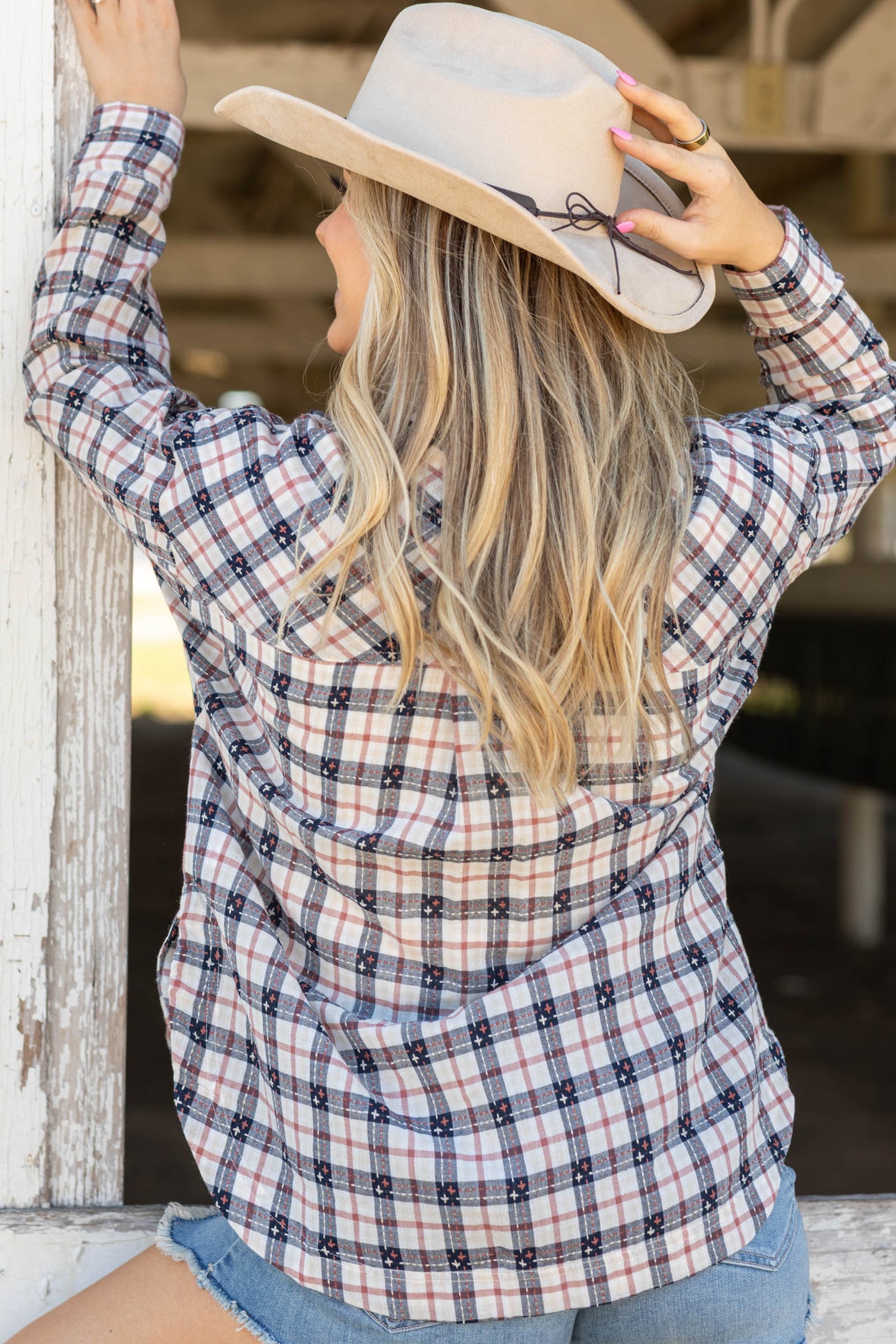 Rust And Navy Plaid Button Down Shirt- 100% Cotton