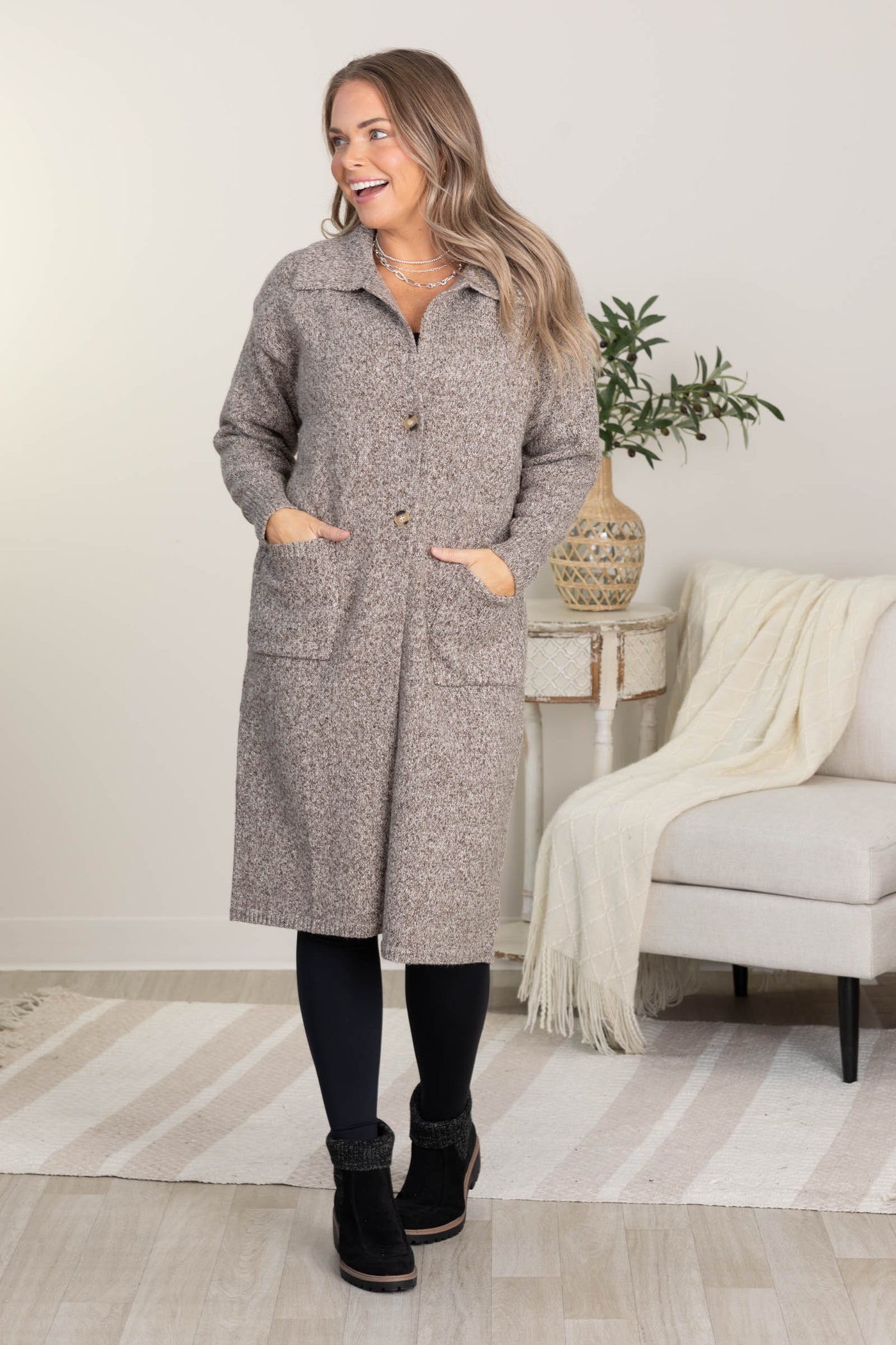 Brown Collared Maxi Sweater Cardigan Jacket