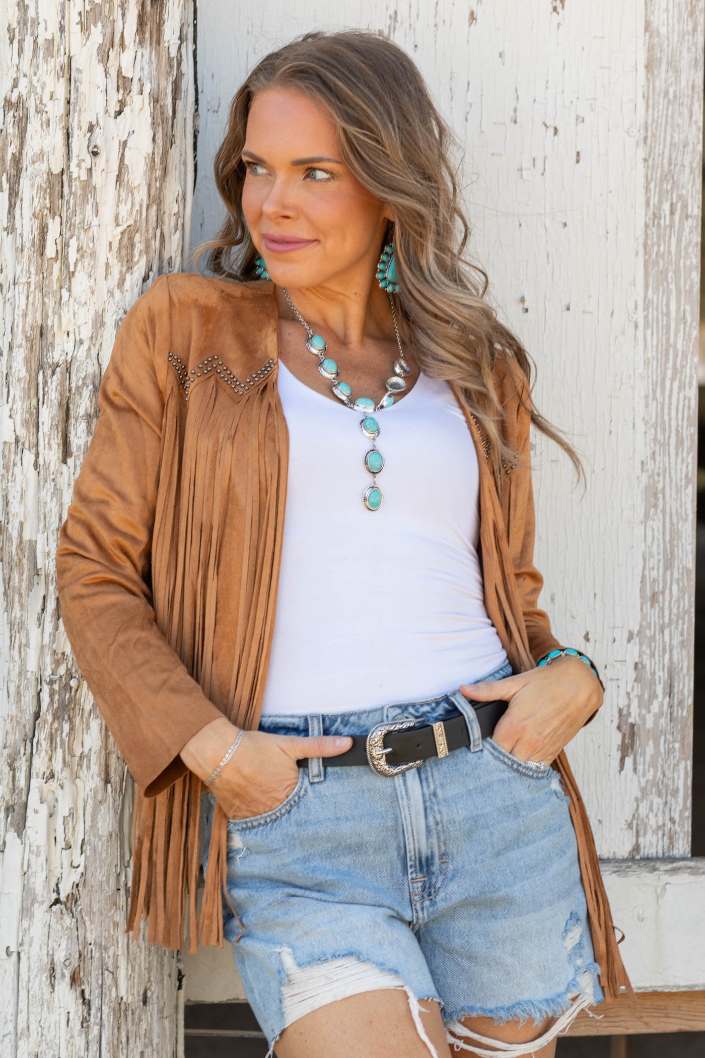 Camel Suede Studs And Fringe Detail Jacket