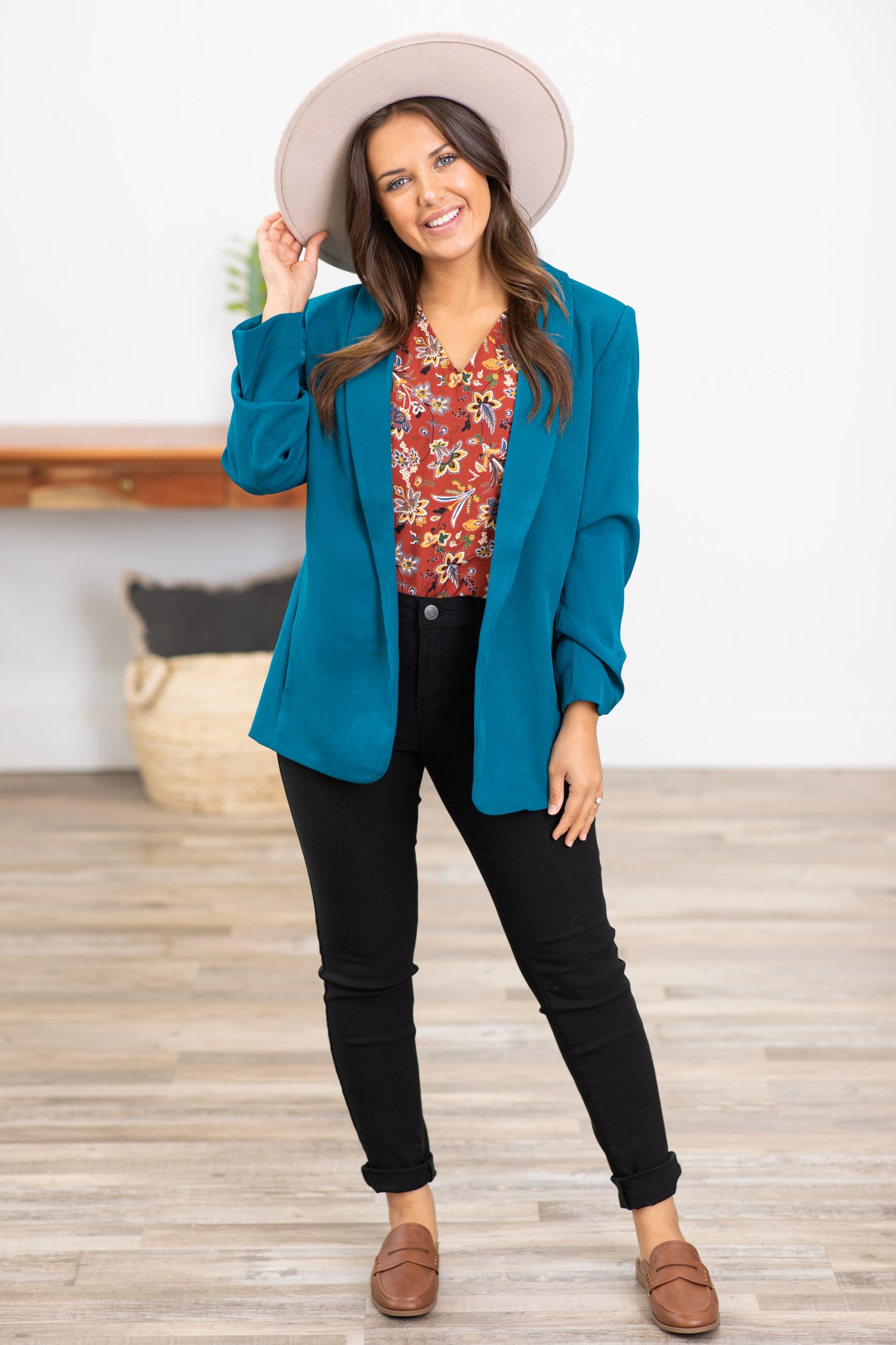 Teal Ruched Sleeve Classic Fit Blazer