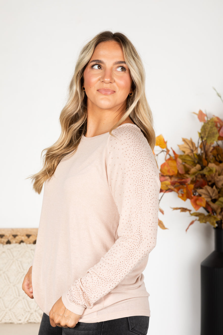 Dusty Light Rose With Stones Sleeves Knit Top