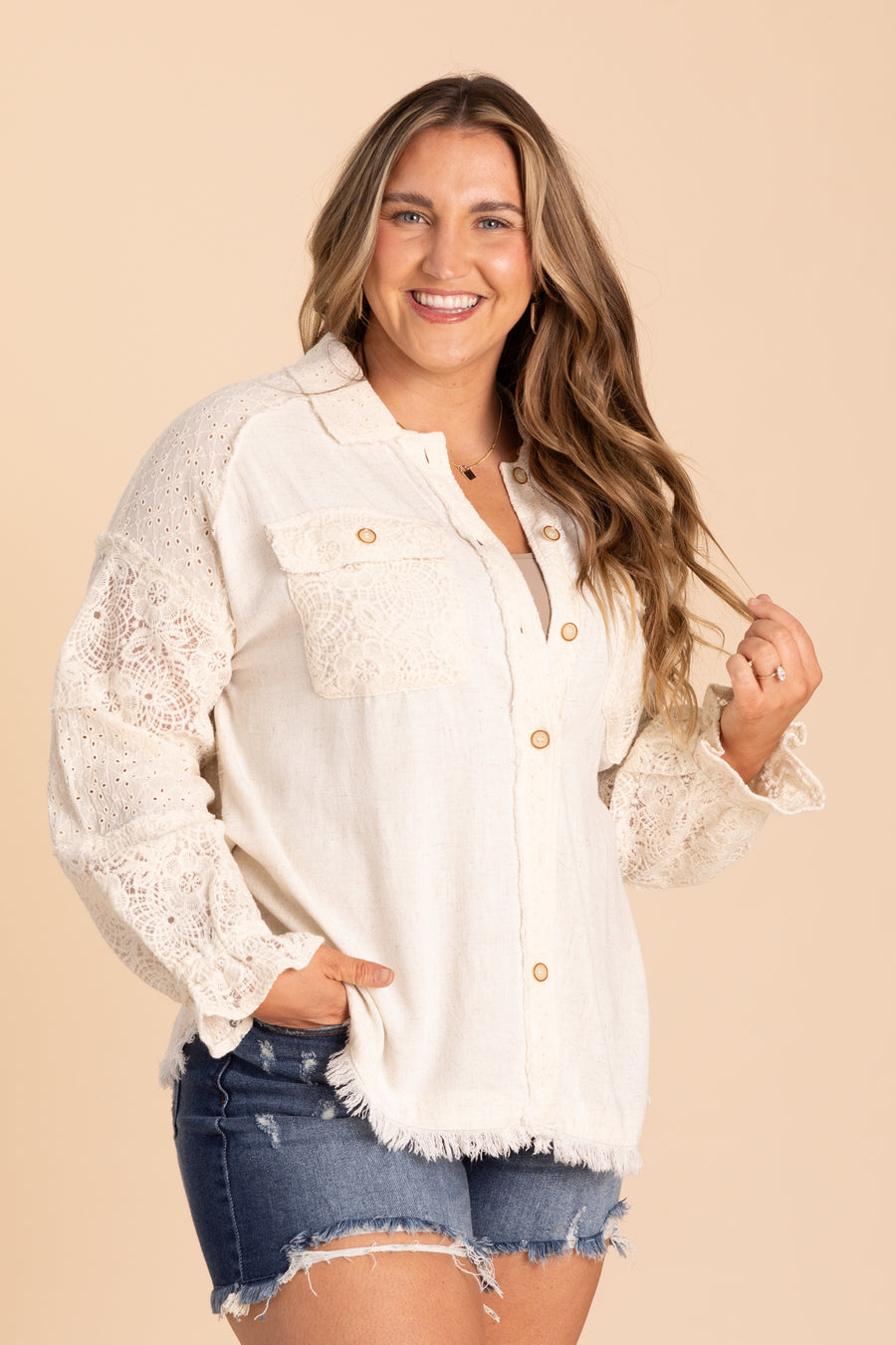 Cream Floral Crochet Woven Button Up
