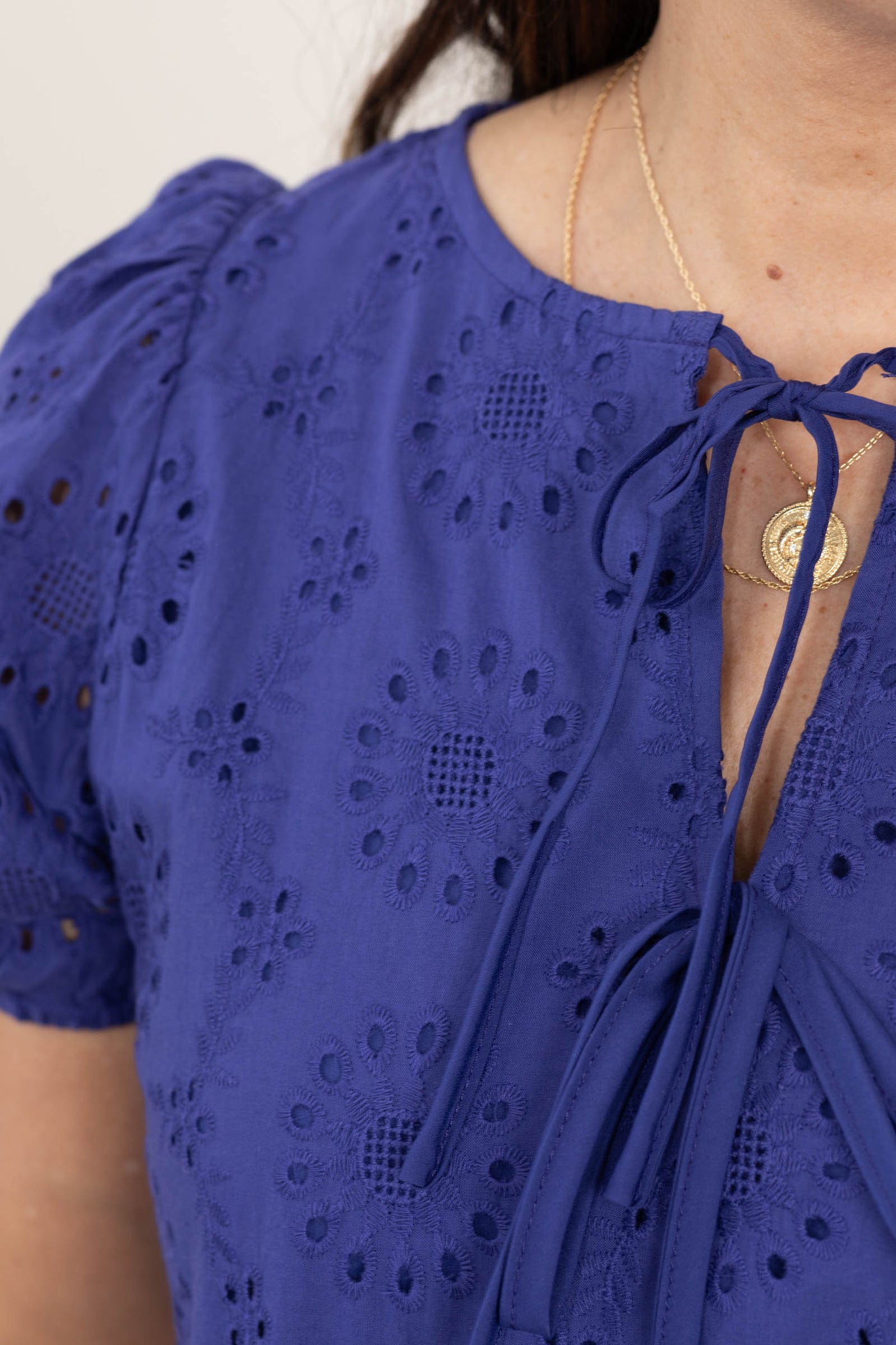 Navy Puff Sleeve Eyelet Woven Dress